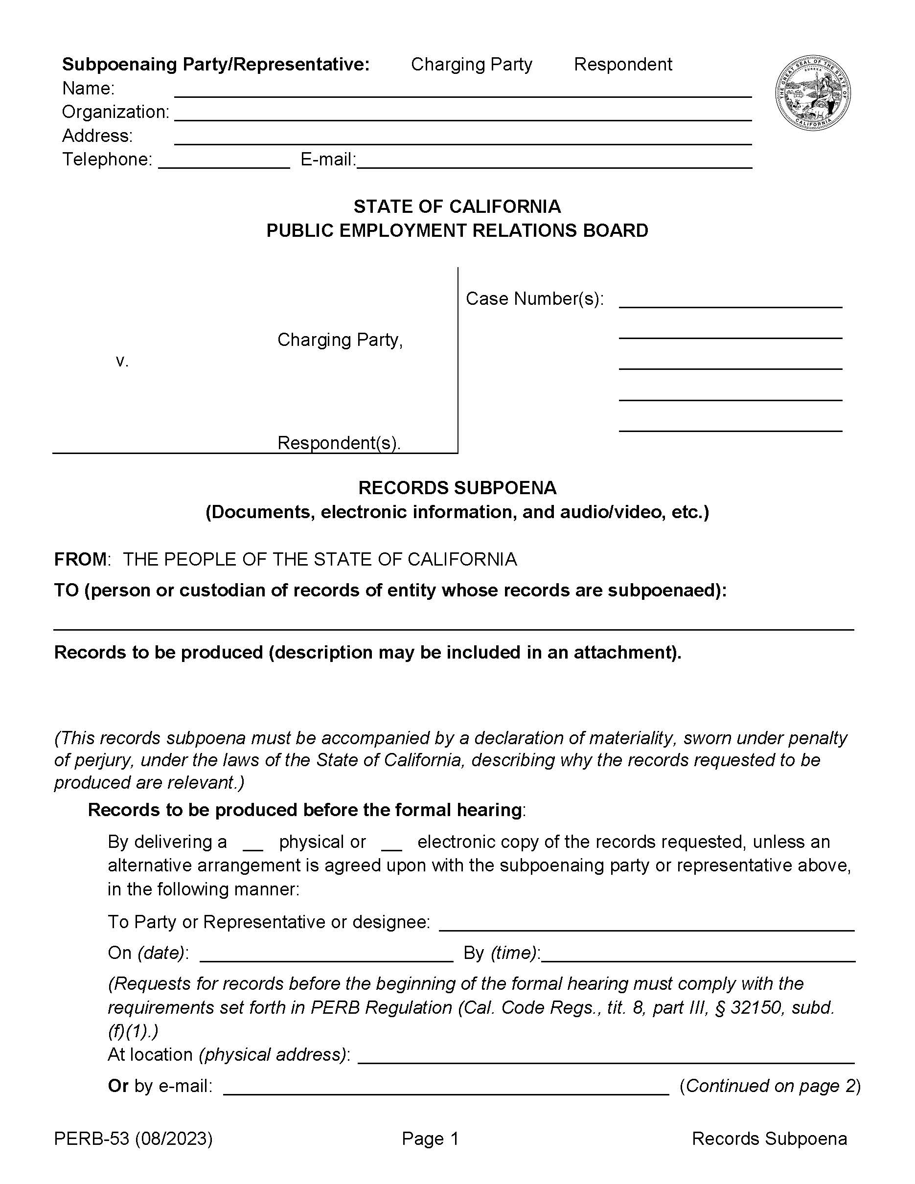 Subpoena-Records {PERB-53} | Pdf Fpdf Doc Docx | California