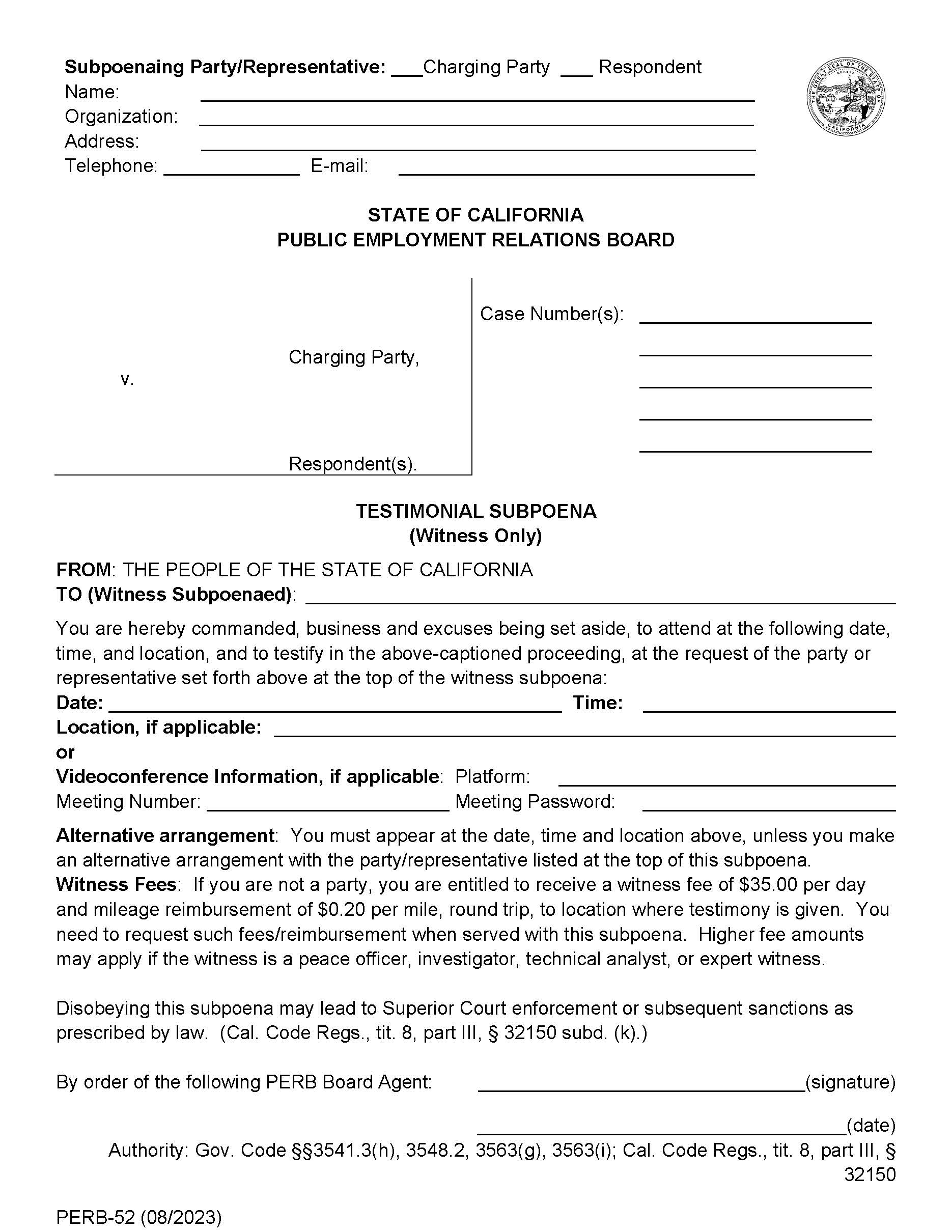 Subpoena-Testimonial {PERB-52} | Pdf Fpdf Doc Docx | California