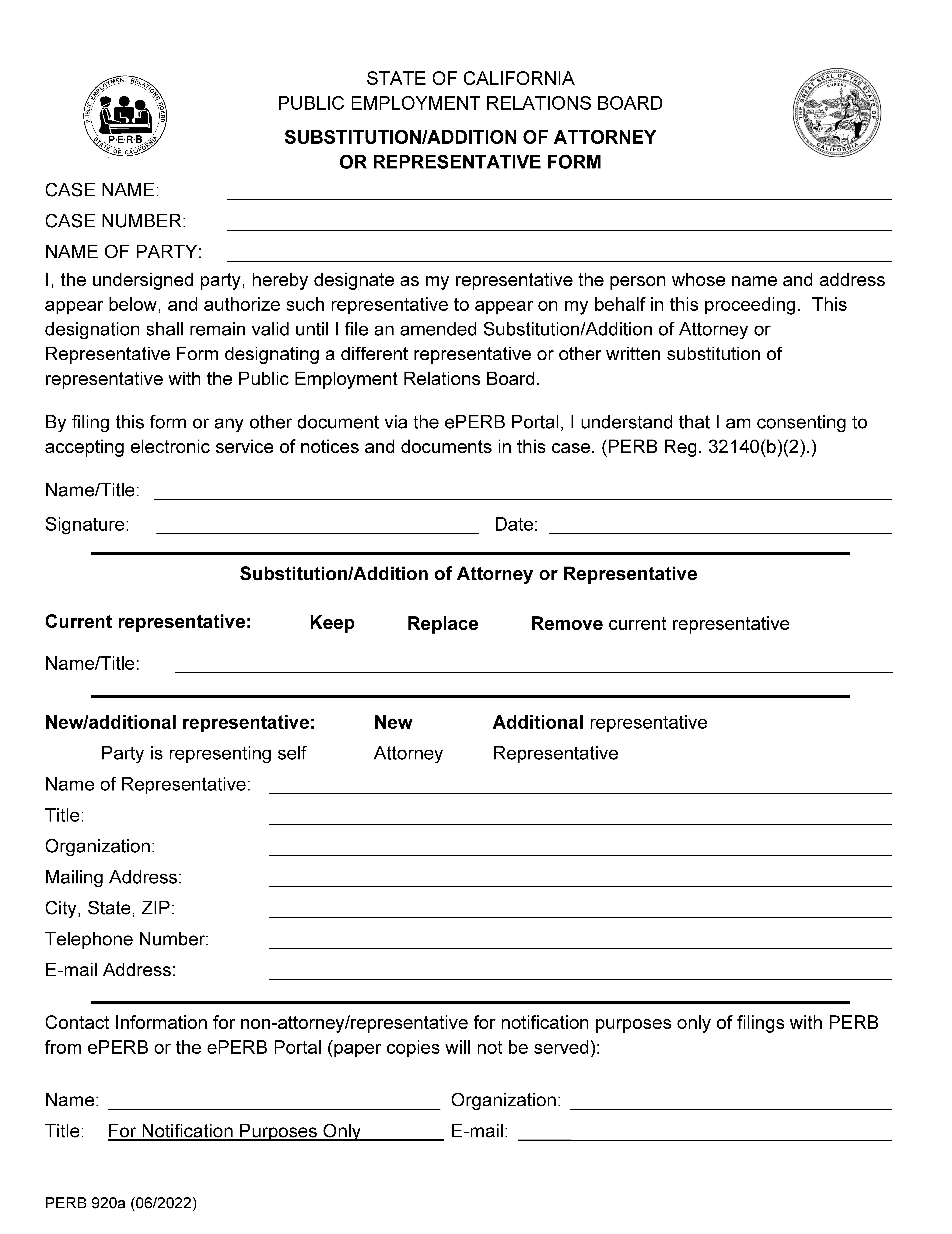 Substitution Of Attorney {PERB-920a} | Pdf Fpdf Docx | California
