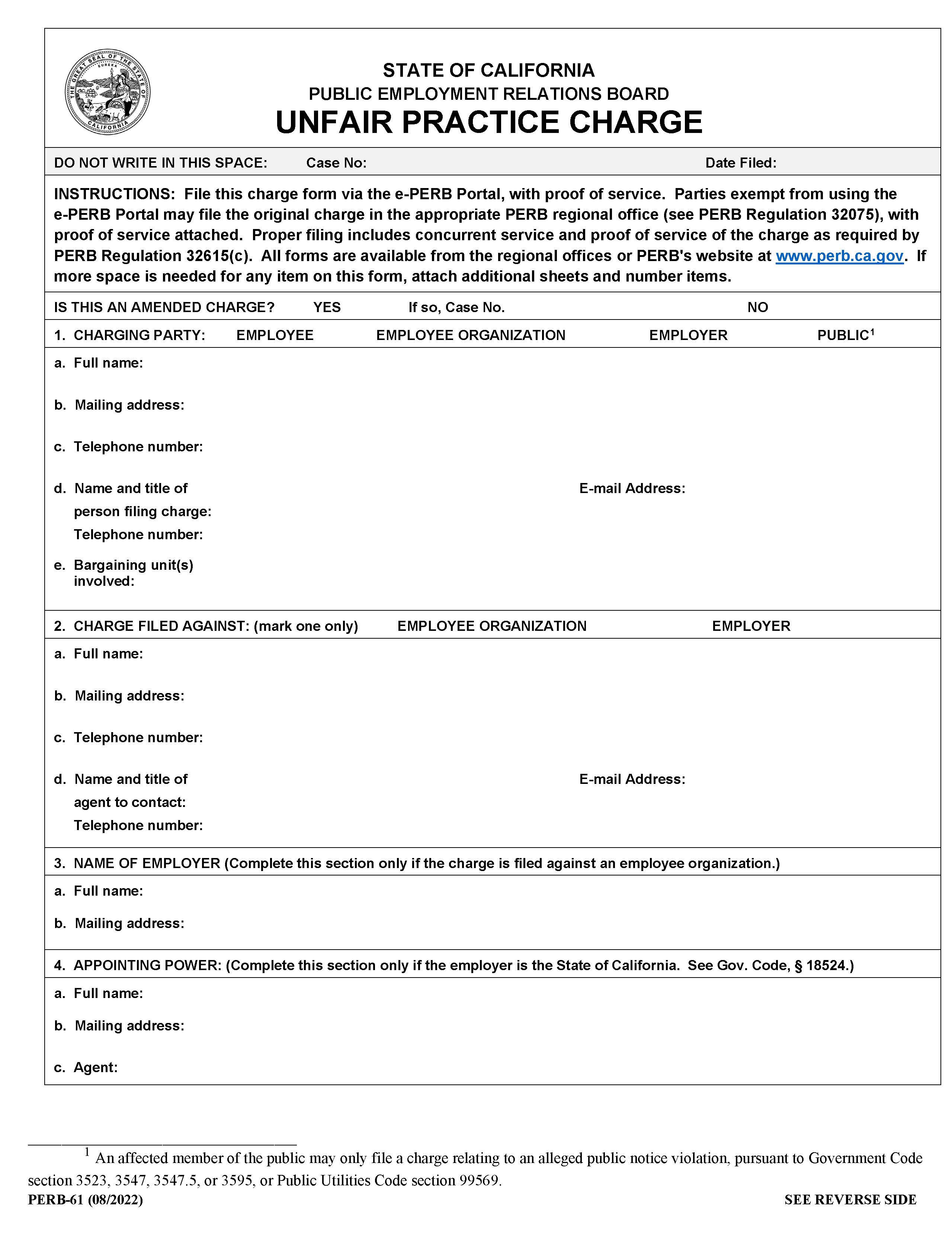 Unfair Practice Charge {PERB-61} | Pdf Fpdf Doc Docx | California