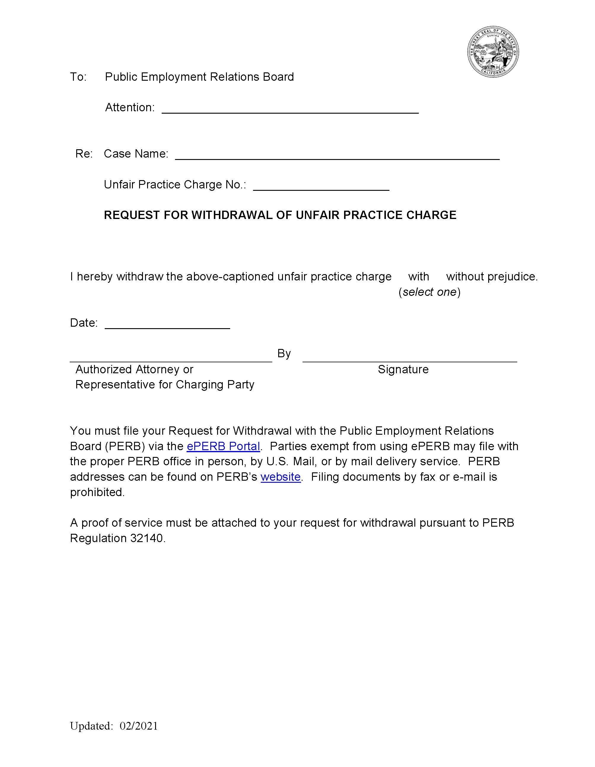 Unfair Practice Charge – Request For Withdrawal | Pdf Fpdf Docx | California