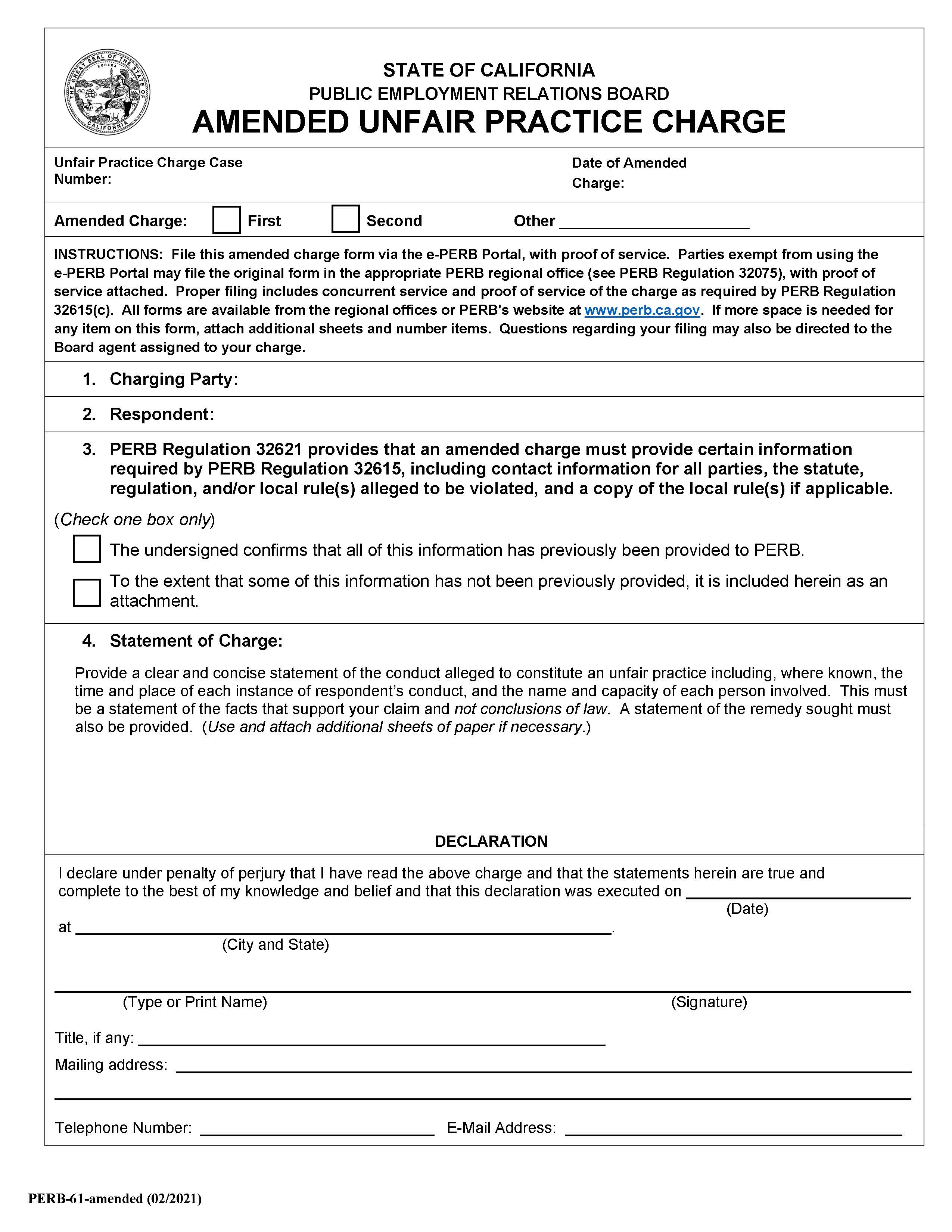 Unfair Practice Charge (Amended) {PERB-61} | Pdf Fpdf Docx | California