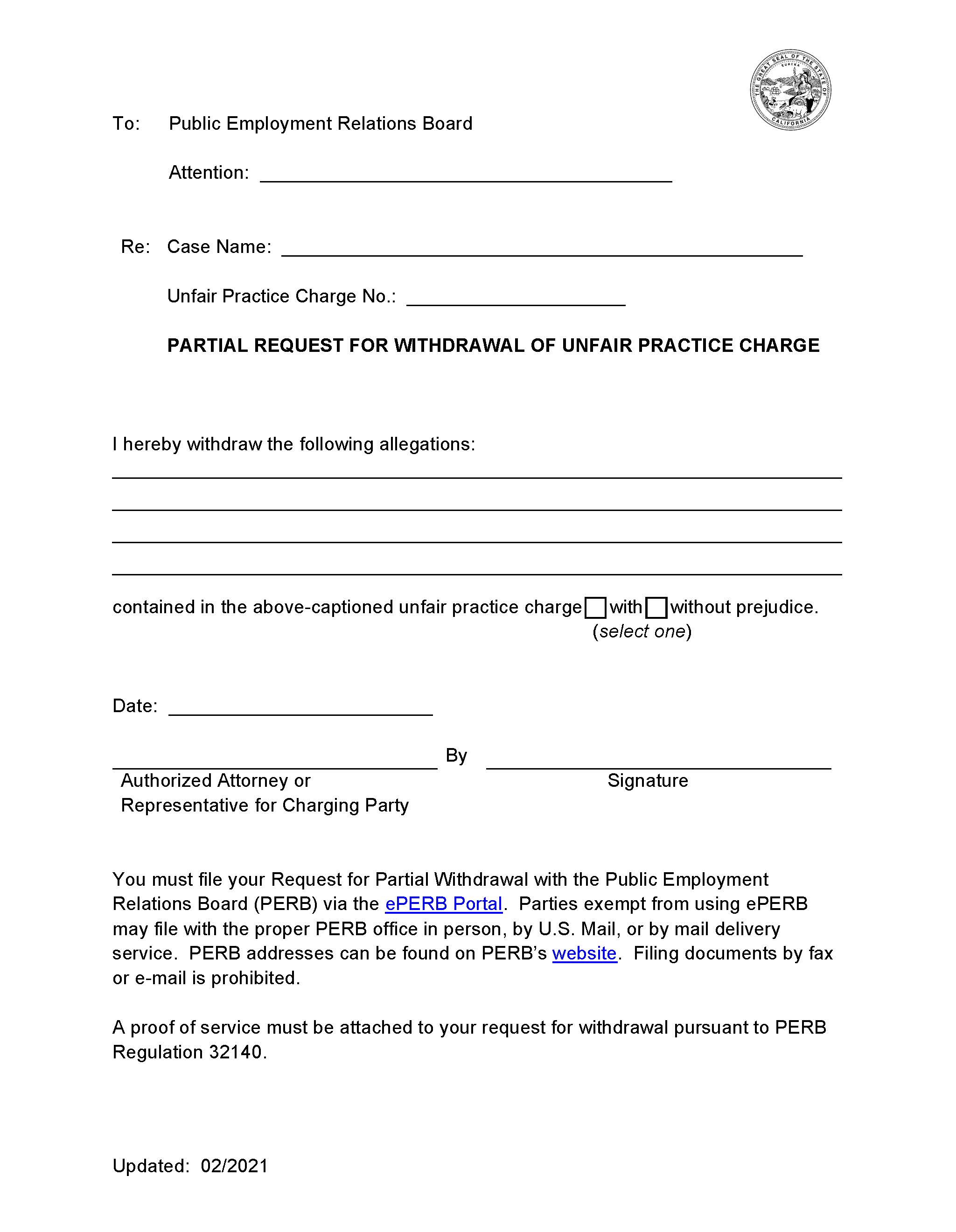 Unfair Practice Charge-Partial Withdrawal Request | Pdf Fpdf Docx | California