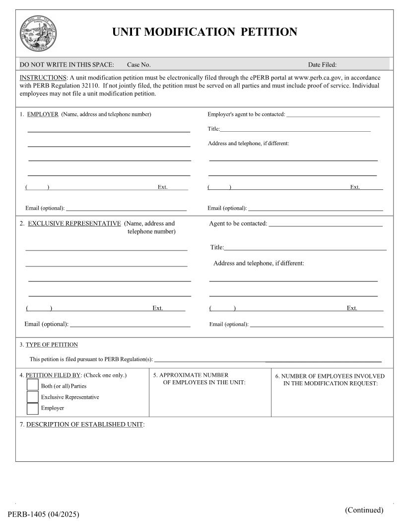 Unit Modification Petition {PERB-1405} | Pdf Fpdf Docx | California