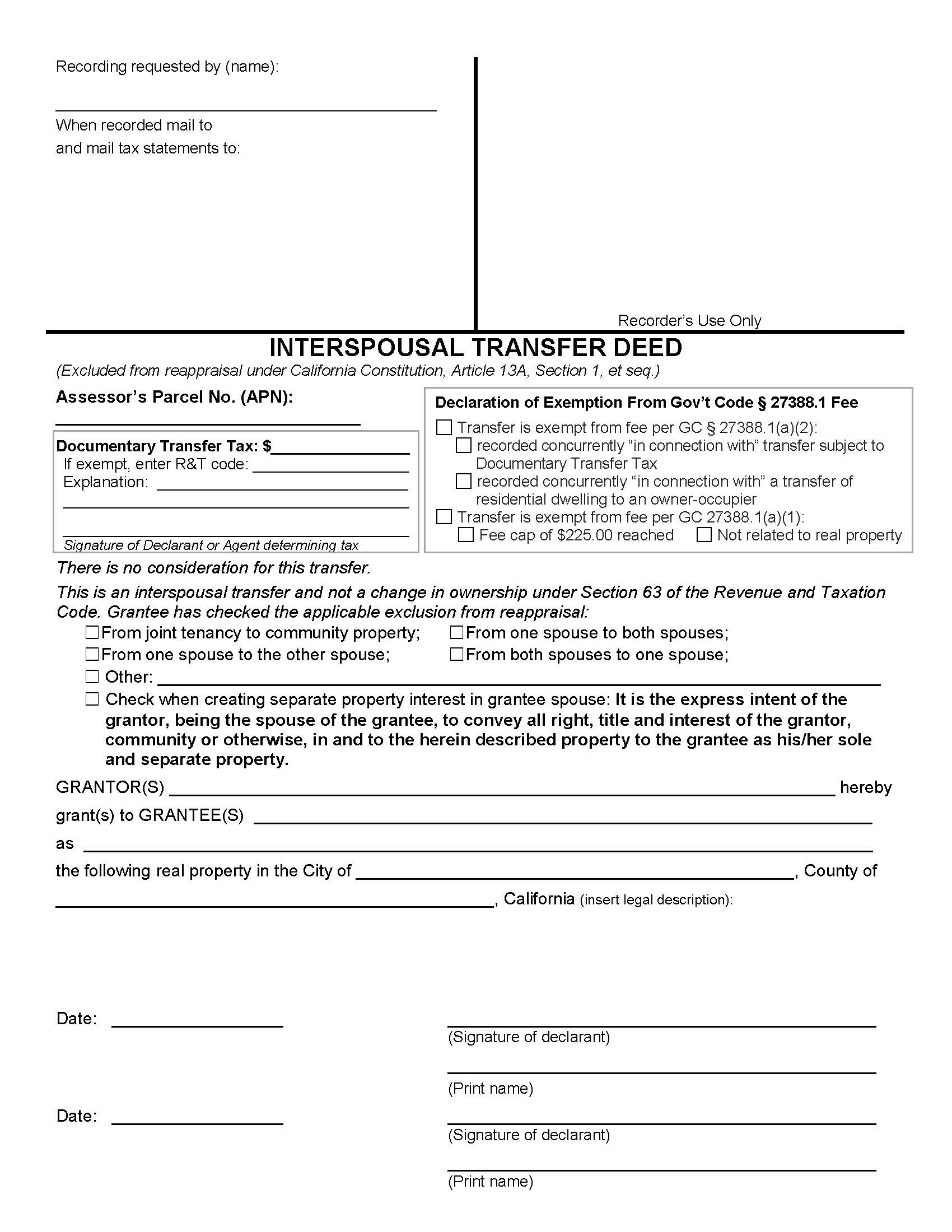 Interspousal Transfer Deed | Pdf Fpdf Docx | California