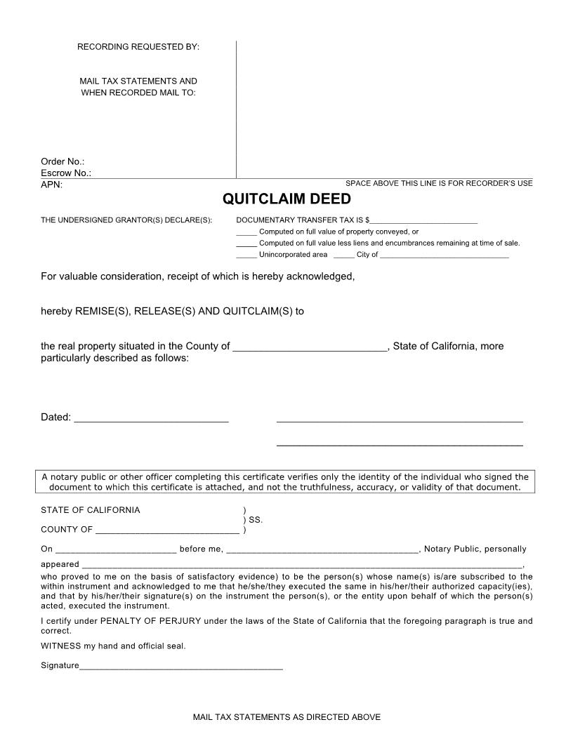 Quitclaim Deed | Pdf Fpdf Docx | California