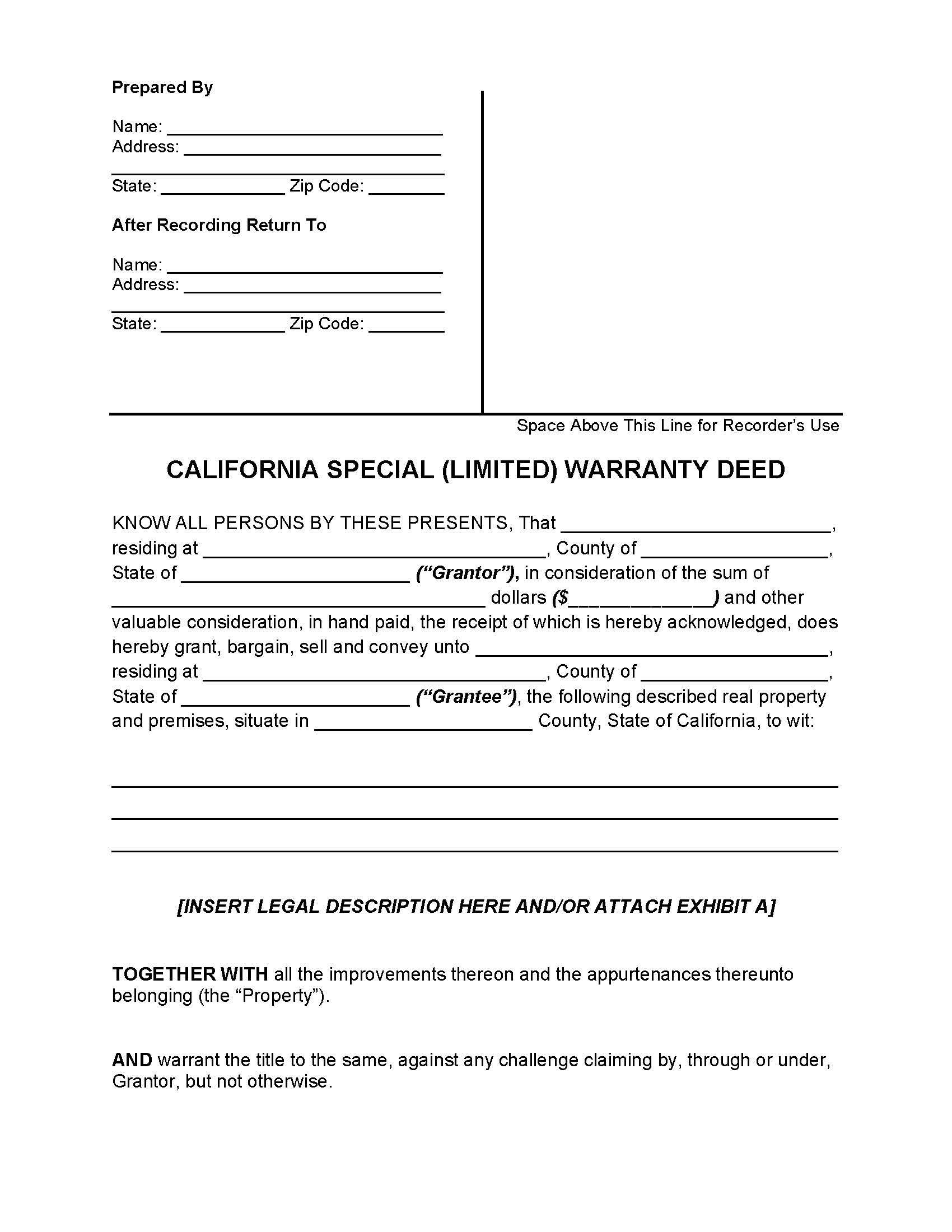Special Warranty Deed | Pdf Fpdf Docx | California