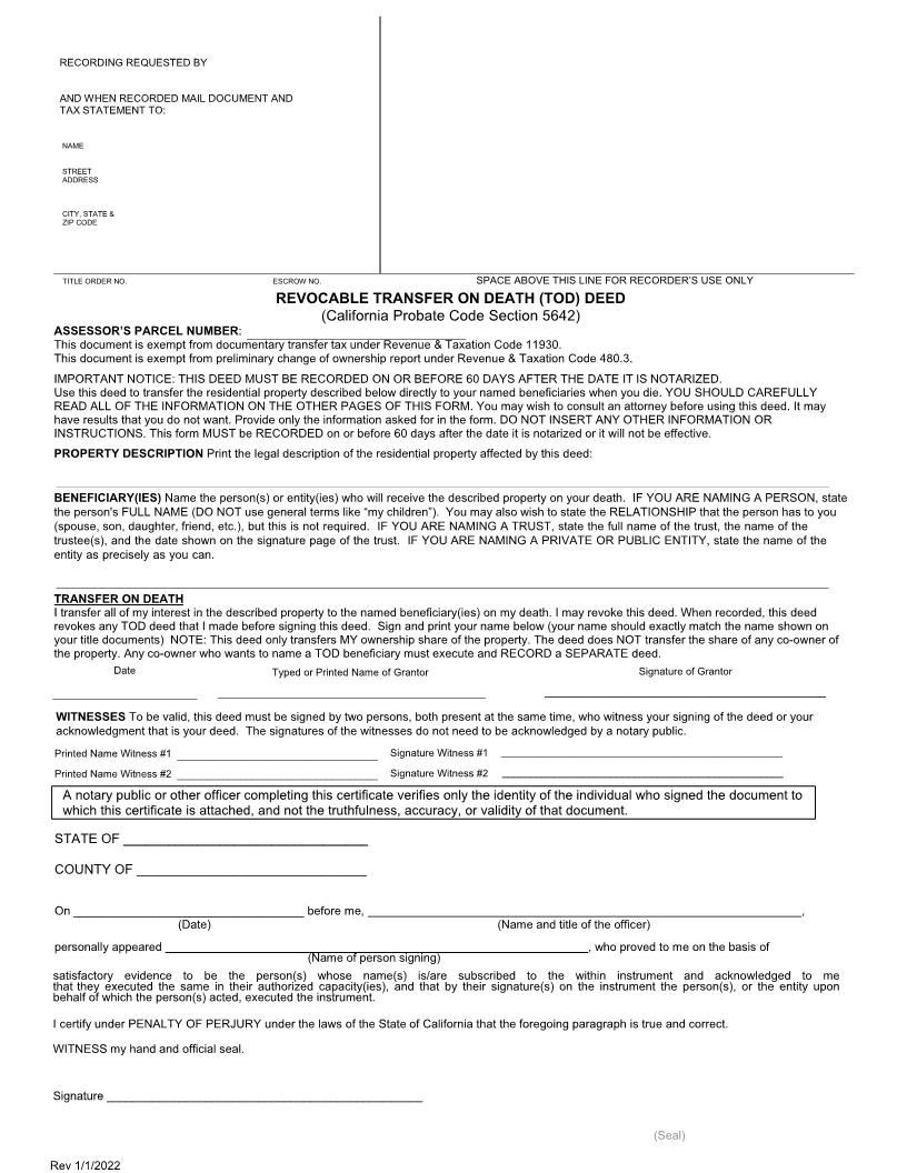 Transfer On Death (Beneficiary) Deed | Pdf Fpdf Docx | California