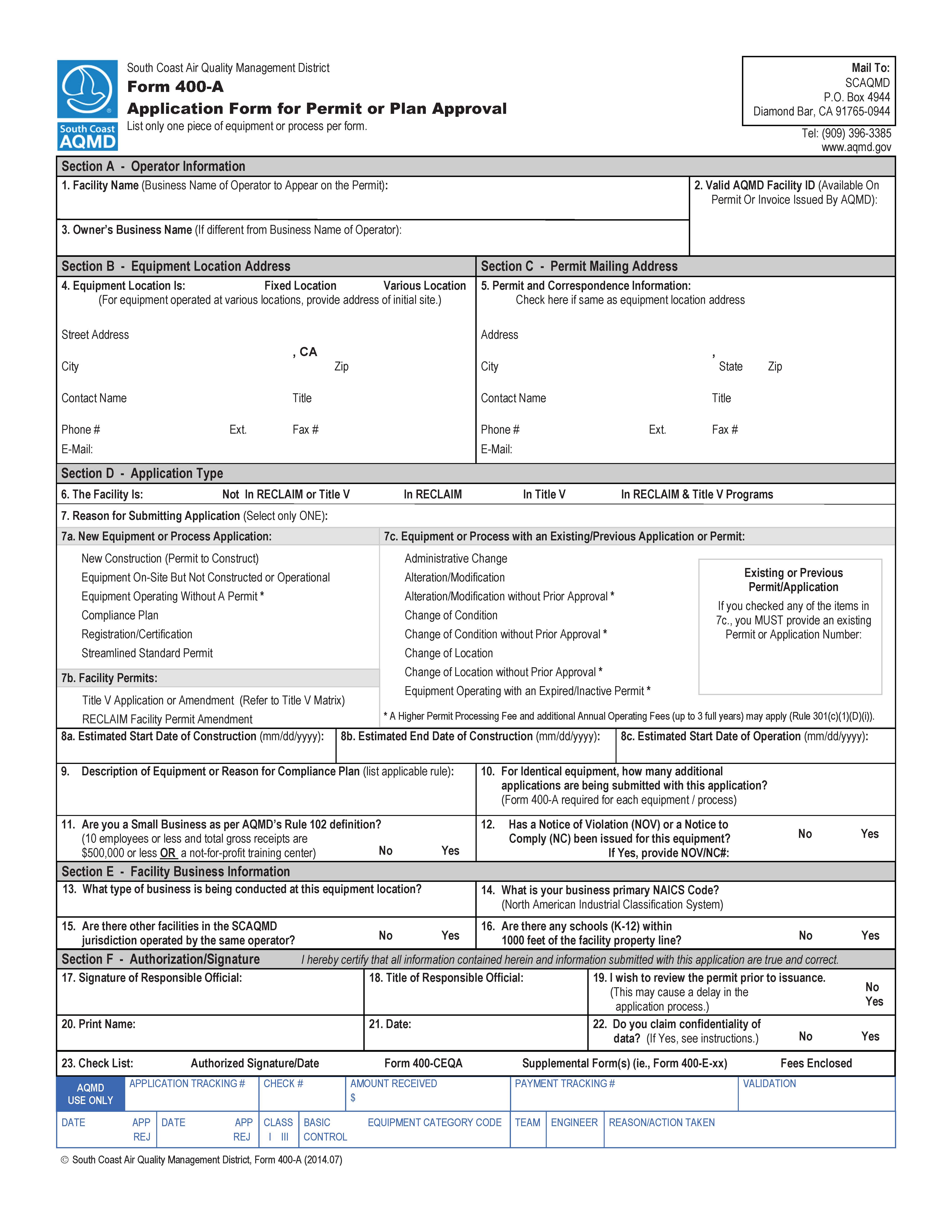 Form 400-A Application For Permit To Construct And Permit To Operate {400-A} | Pdf Fpdf Doc Docx | California