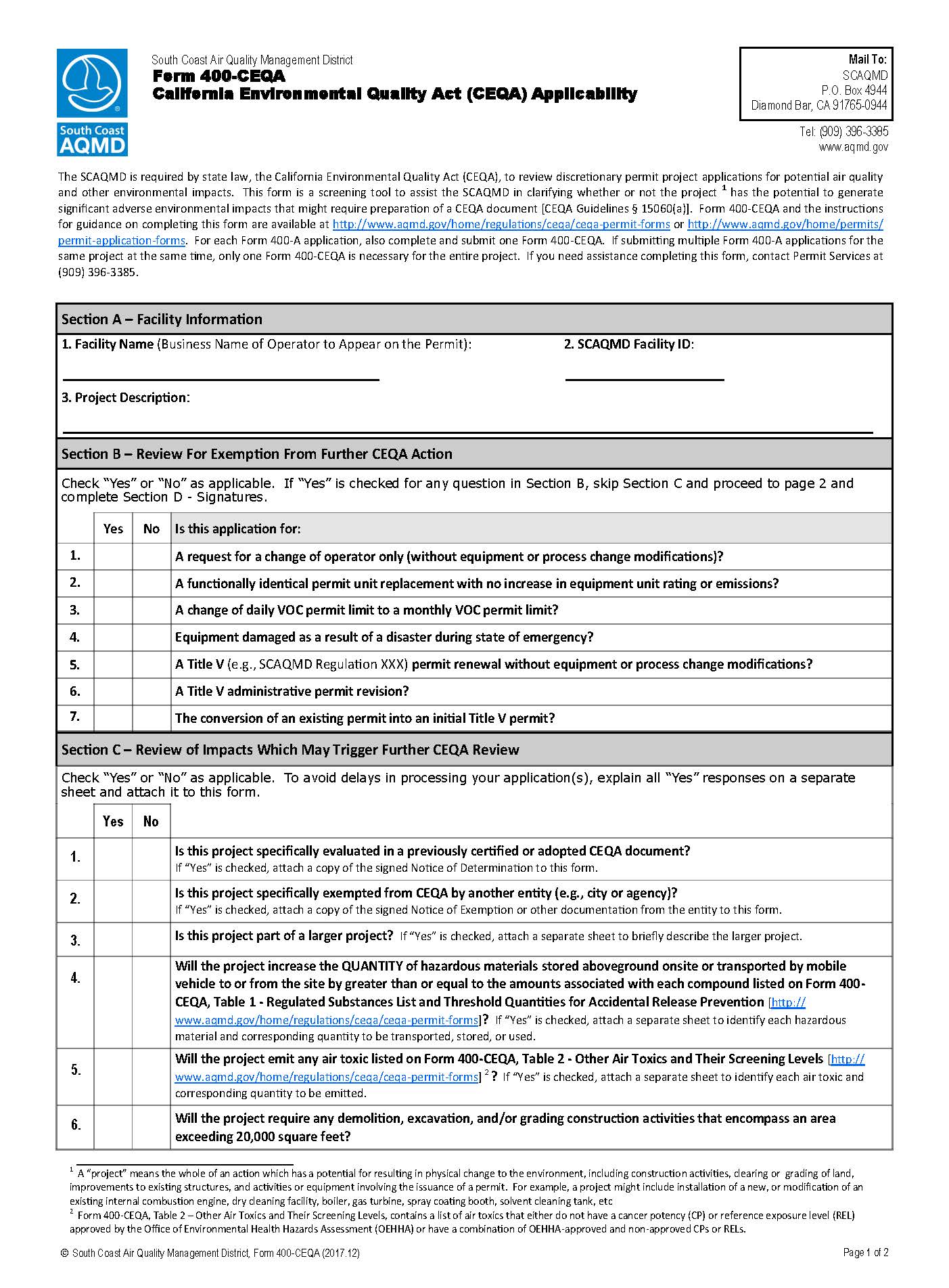 Form 400-CEQA California Environmental Quality Act (CEQA) Applicability {400-CEQA} | Pdf Fpdf Docx | California