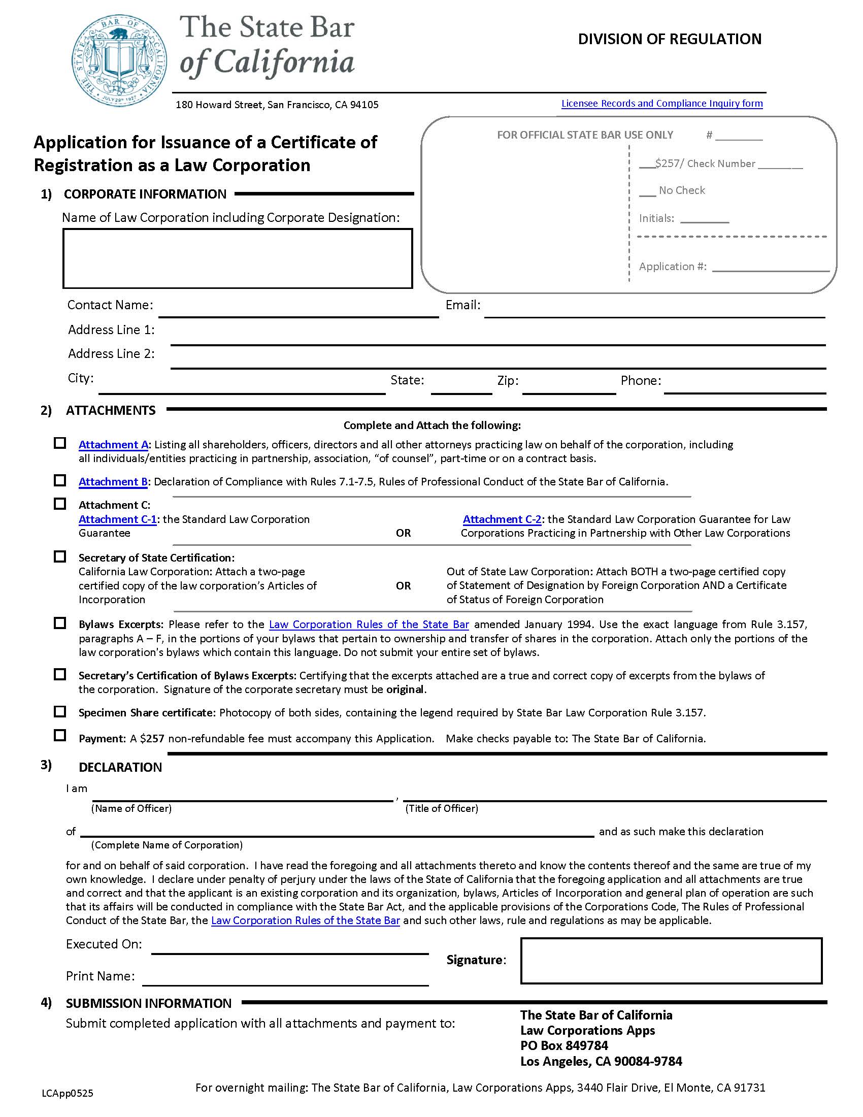 Application For Issuance Of Certificate Of Registration As Law Corporation | Pdf Fpdf Doc Docx | California