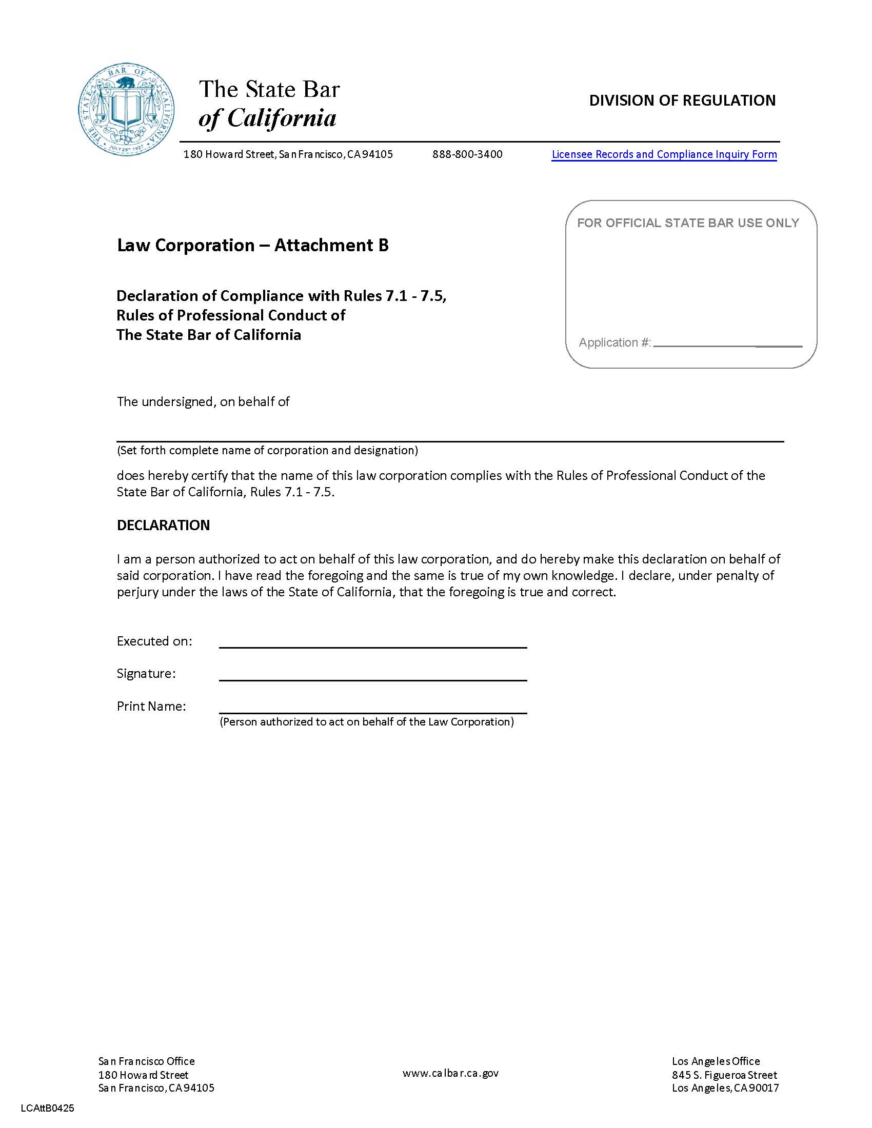 Attachment B Declaration Of Compliance With Rules 7.1 - 7.5 | Pdf Fpdf Doc Docx | California