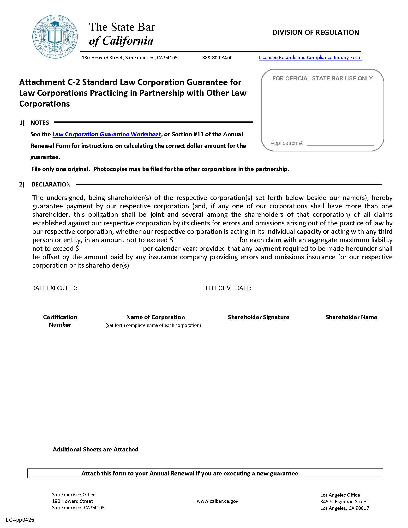 Attachment C-2 Guarantee For Law Corporations Practicing Partnership With Other Law Corporations | Pdf Fpdf Doc Docx | California