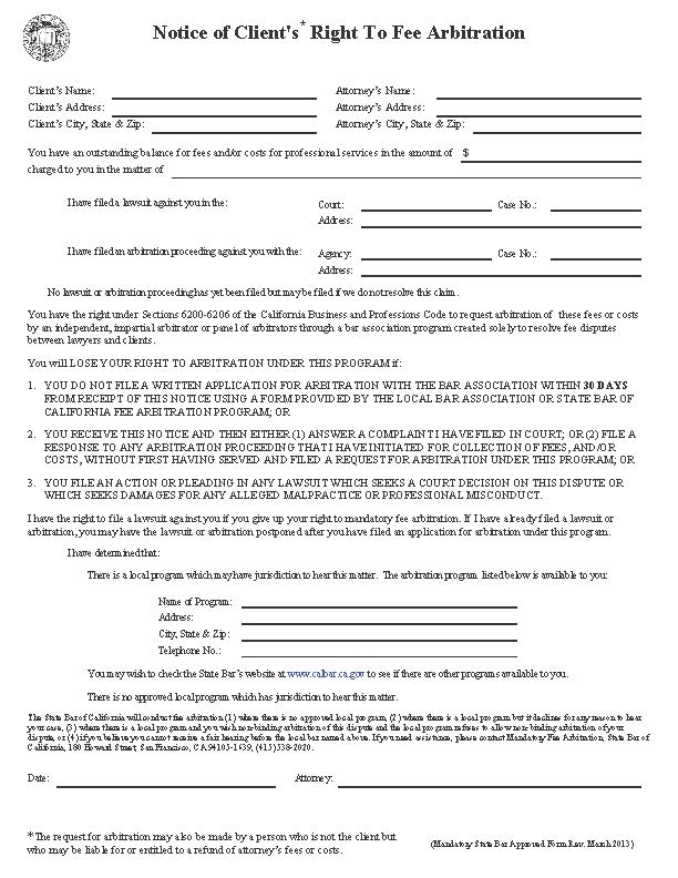 Notice Of Clients Right To Arbitration | Pdf Fpdf Doc Docx | California