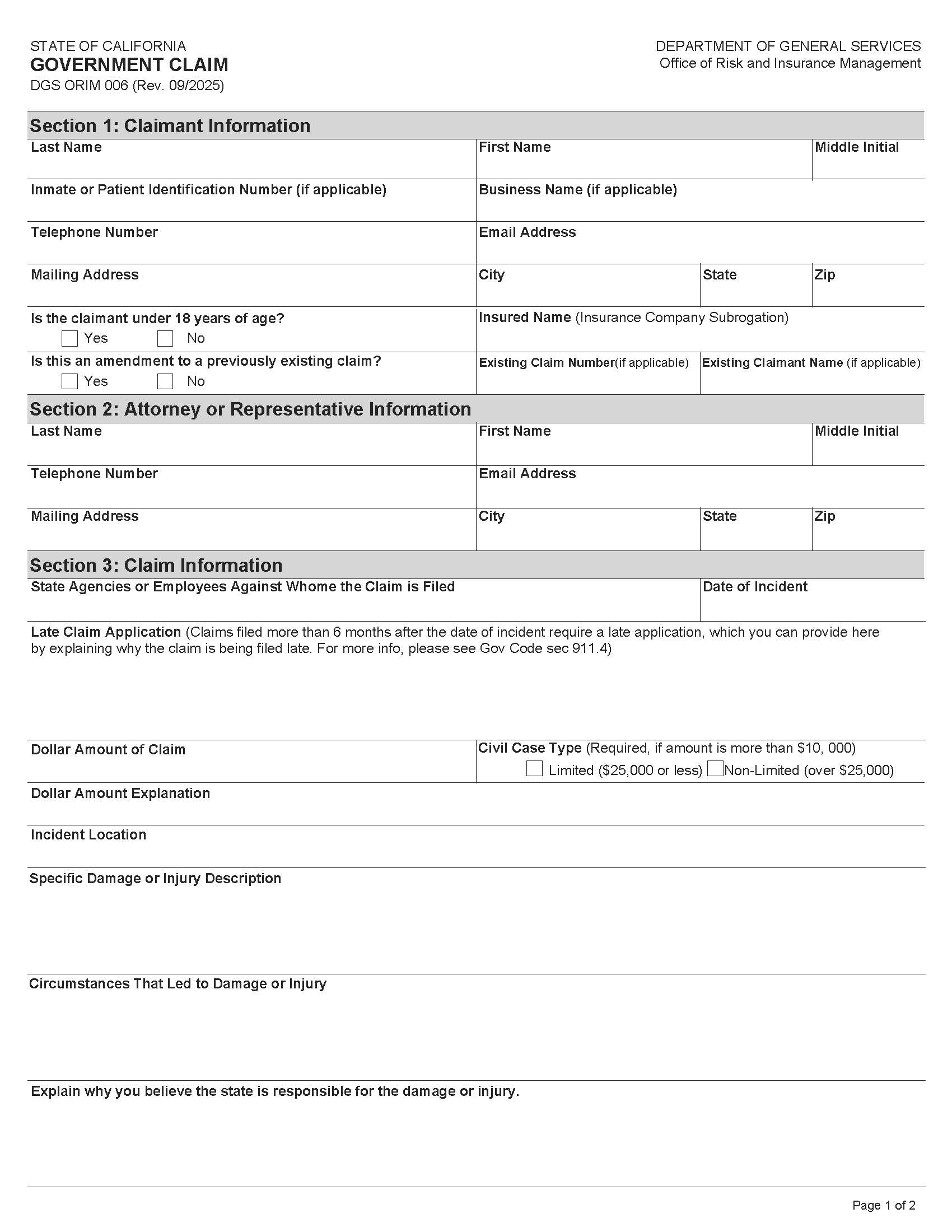 Government Claims Form {DGS ORIM 06} | Pdf Fpdf Doc Docx | California
