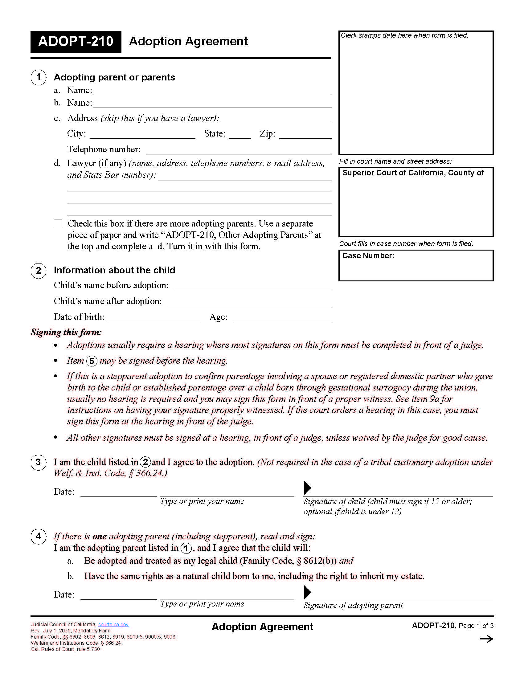 Adoption Agreement {ADOPT-210} | Pdf Fpdf Docx | California
