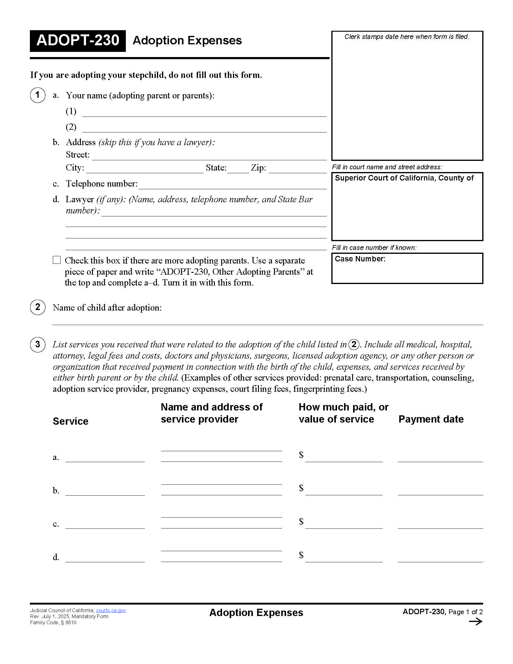 Adoption Expenses {ADOPT-230} | Pdf Fpdf Doc Docx | California