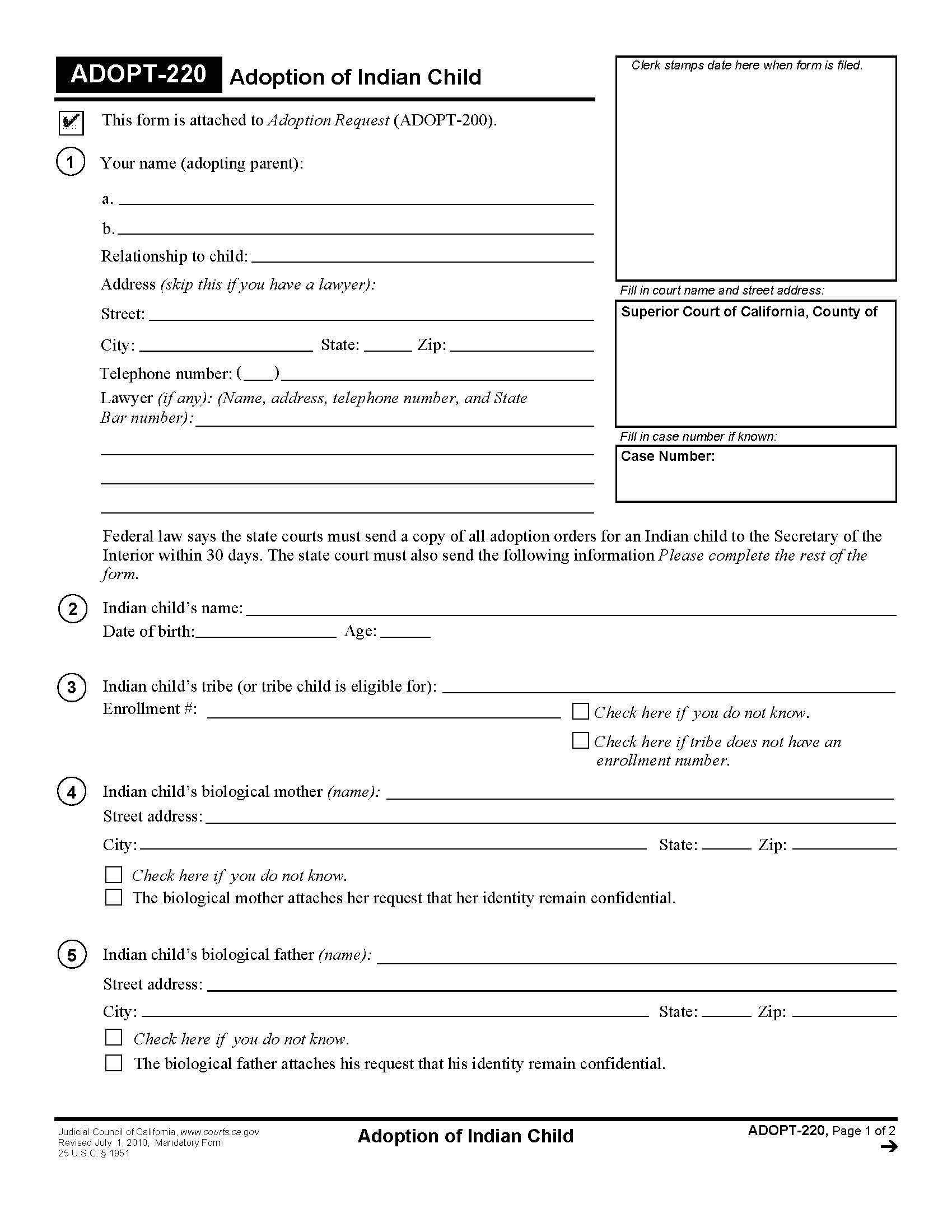 Adoption Of Indian Child {ADOPT-220} | Pdf Fpdf Doc Docx | California