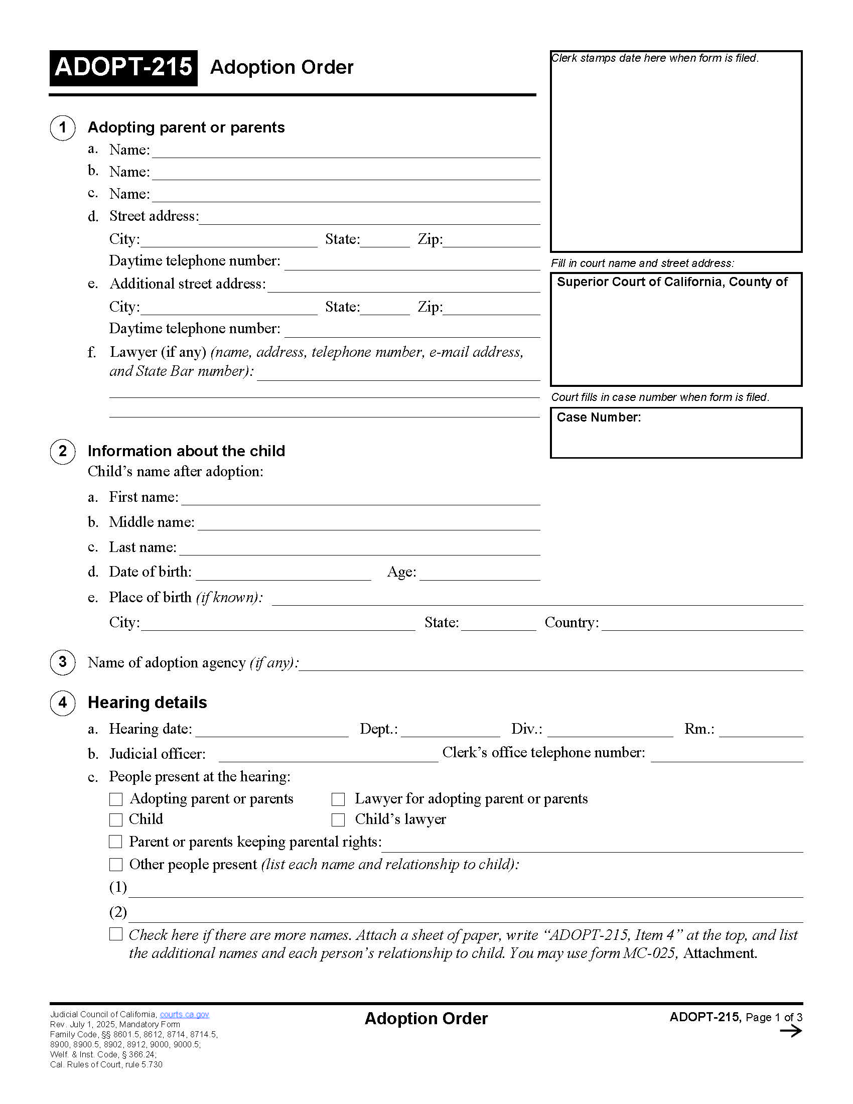 Adoption Order {ADOPT-215} | Pdf Fpdf Doc Docx | California