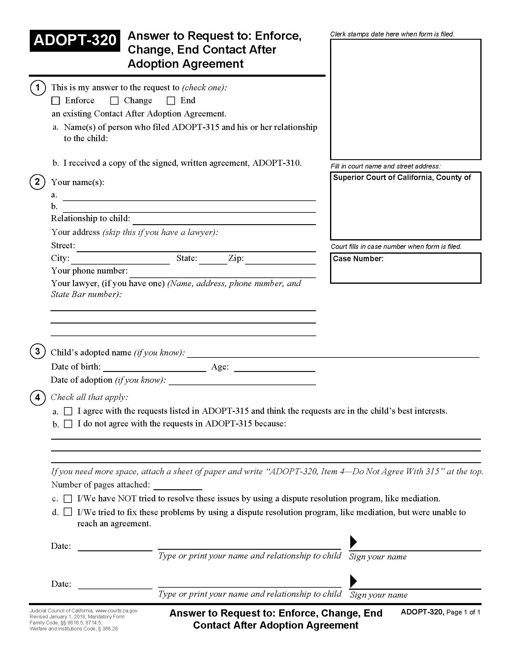 Answer To Request To Enforce, Change, End Contract After Adoption Agreement {ADOPT-320} | Pdf Fpdf Doc Docx | California