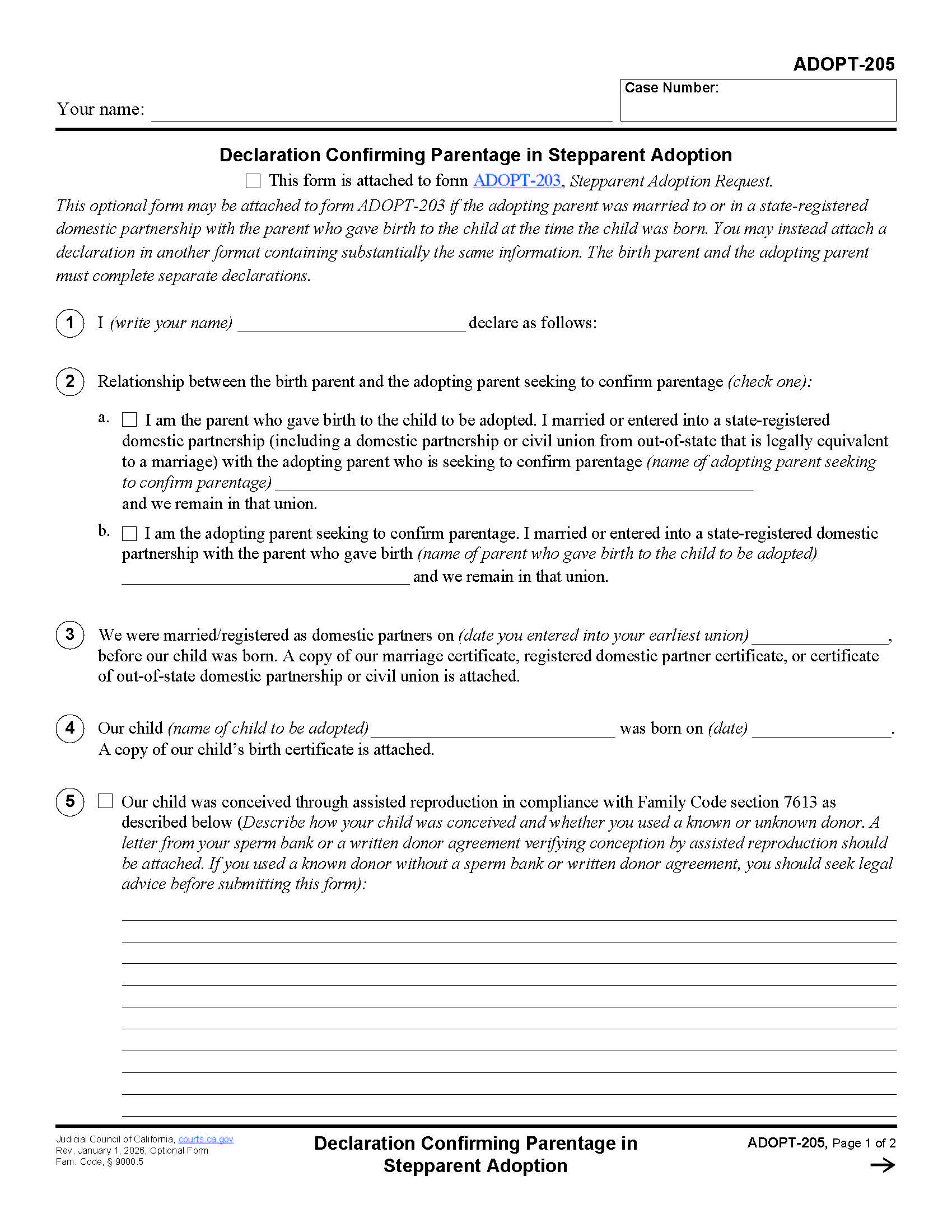 Declaration Confirming Parentage In Stepparent Adoption {ADOPT-205} | Pdf Fpdf Doc Docx | California
