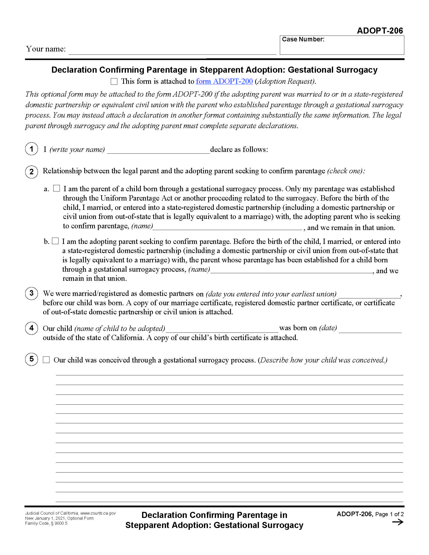 Declaration Confirming Parentage In Stepparent Adoption Gestational Surrogacy {ADOPT-206} | Pdf Fpdf Docx | California