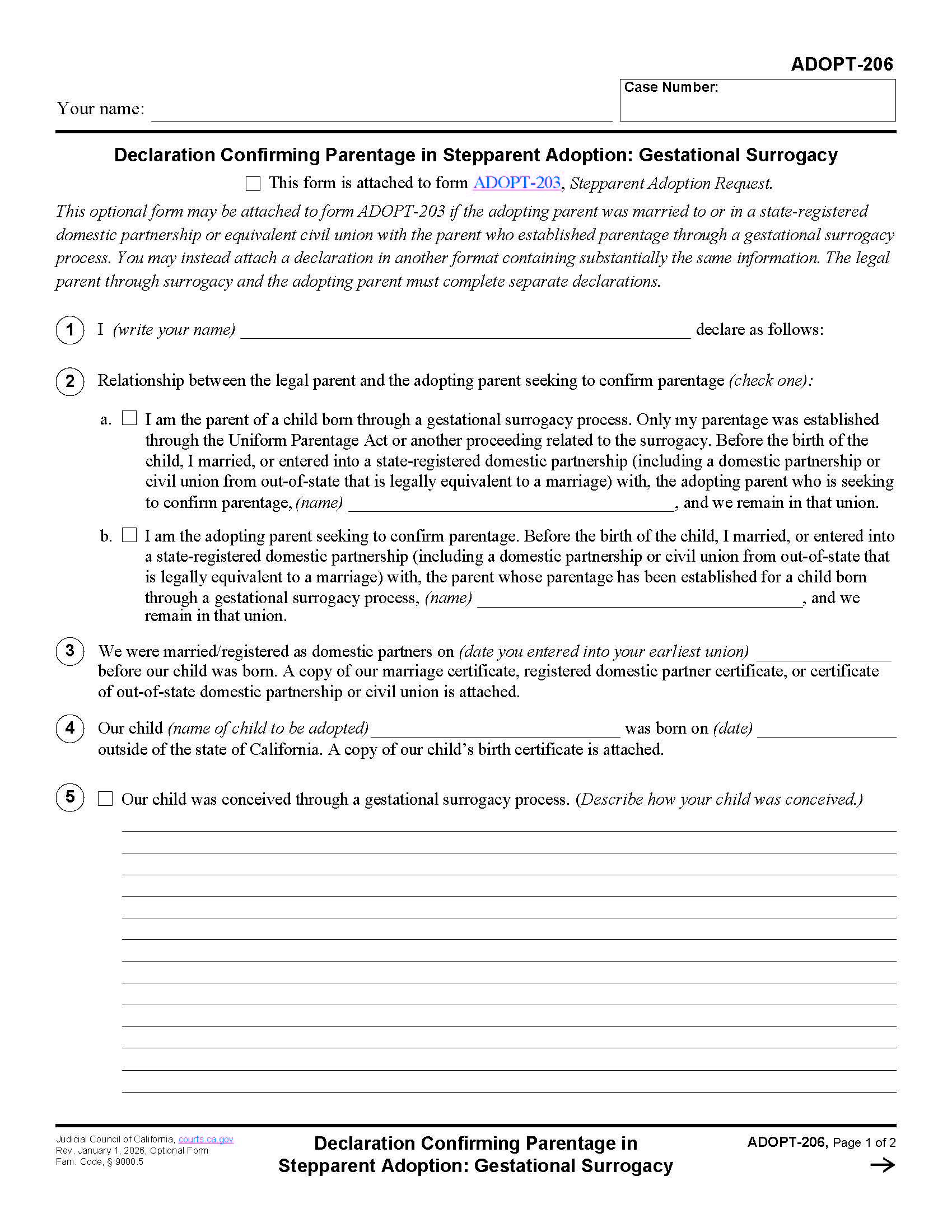 Declaration Confirming Parentage In Stepparent Adoption Gestational Surrogacy {ADOPT-206} | Pdf Fpdf Docx | California