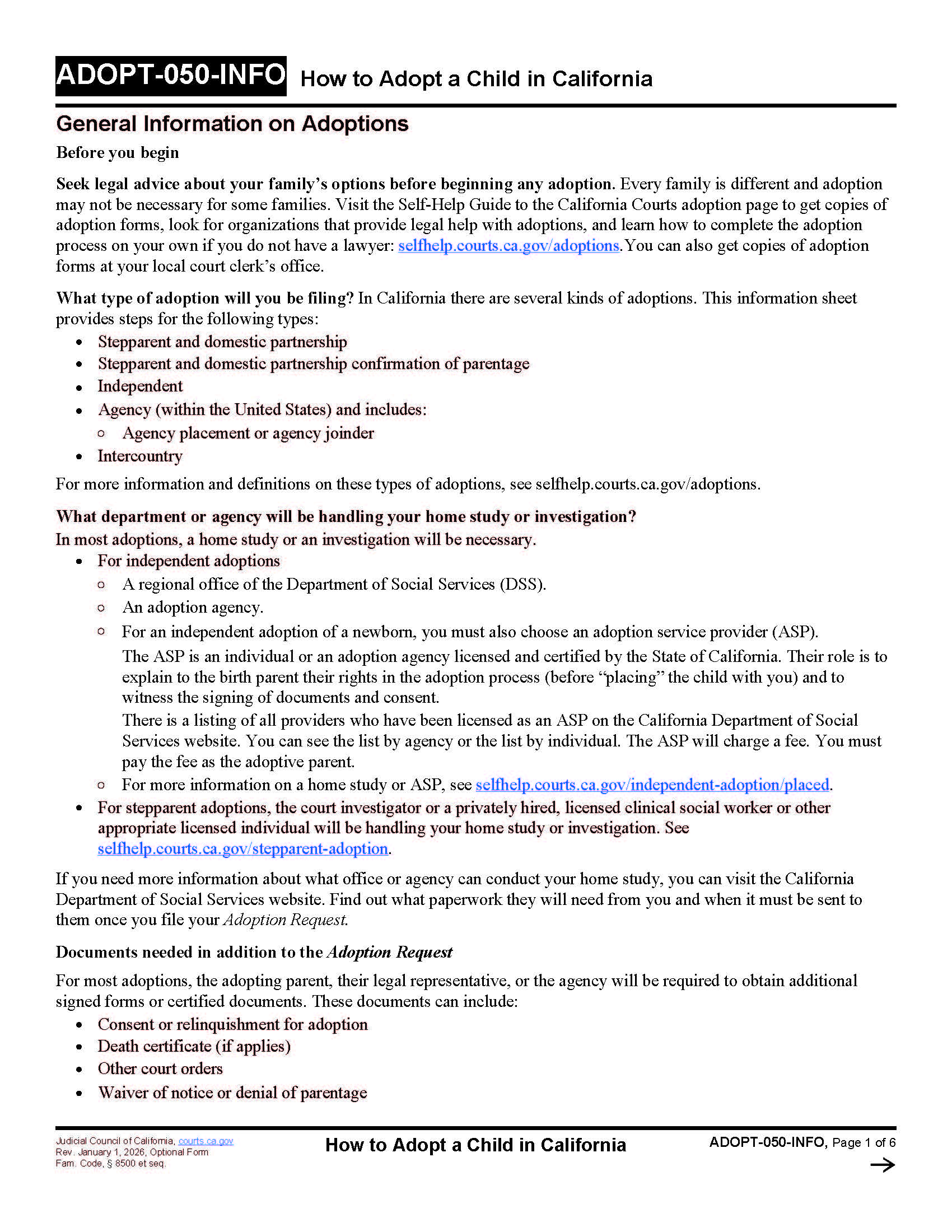 How To Adopt A Child In California {ADOPT-050-INFO} | Pdf Fpdf Doc Docx | California