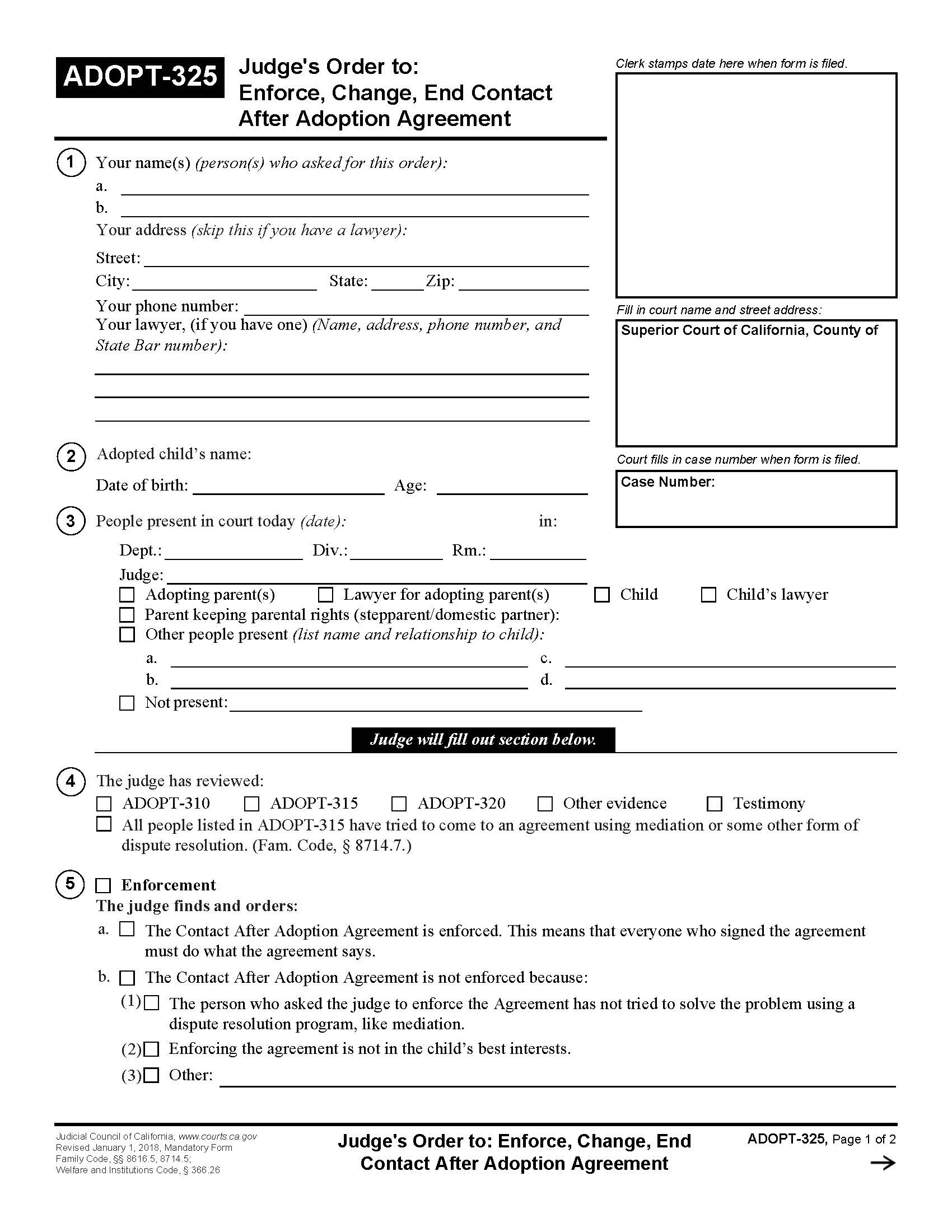Judges Order To Enforce Change End Contact After Adoption Agreement {ADOPT-325} | Pdf Fpdf Docx | California