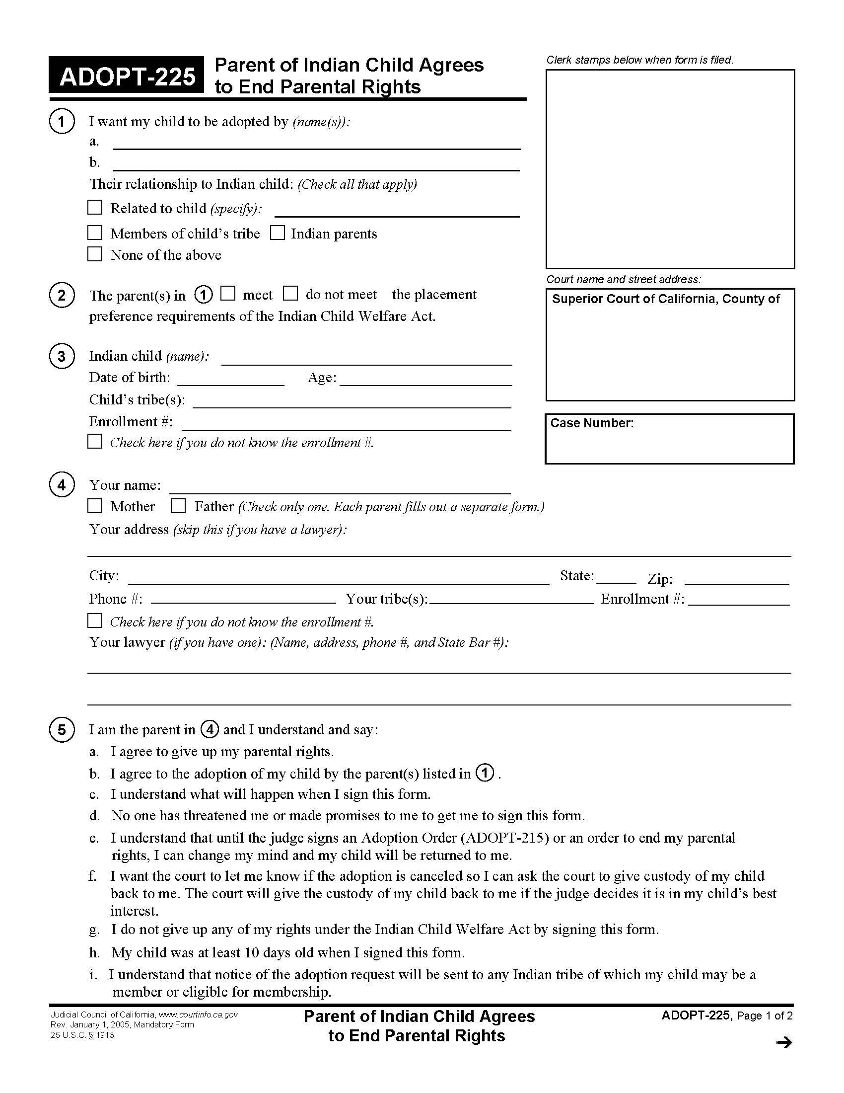 Parent Of Indian Child Agrees To End Parental Rights {ADOPT-225} | Pdf Fpdf Doc Docx | California