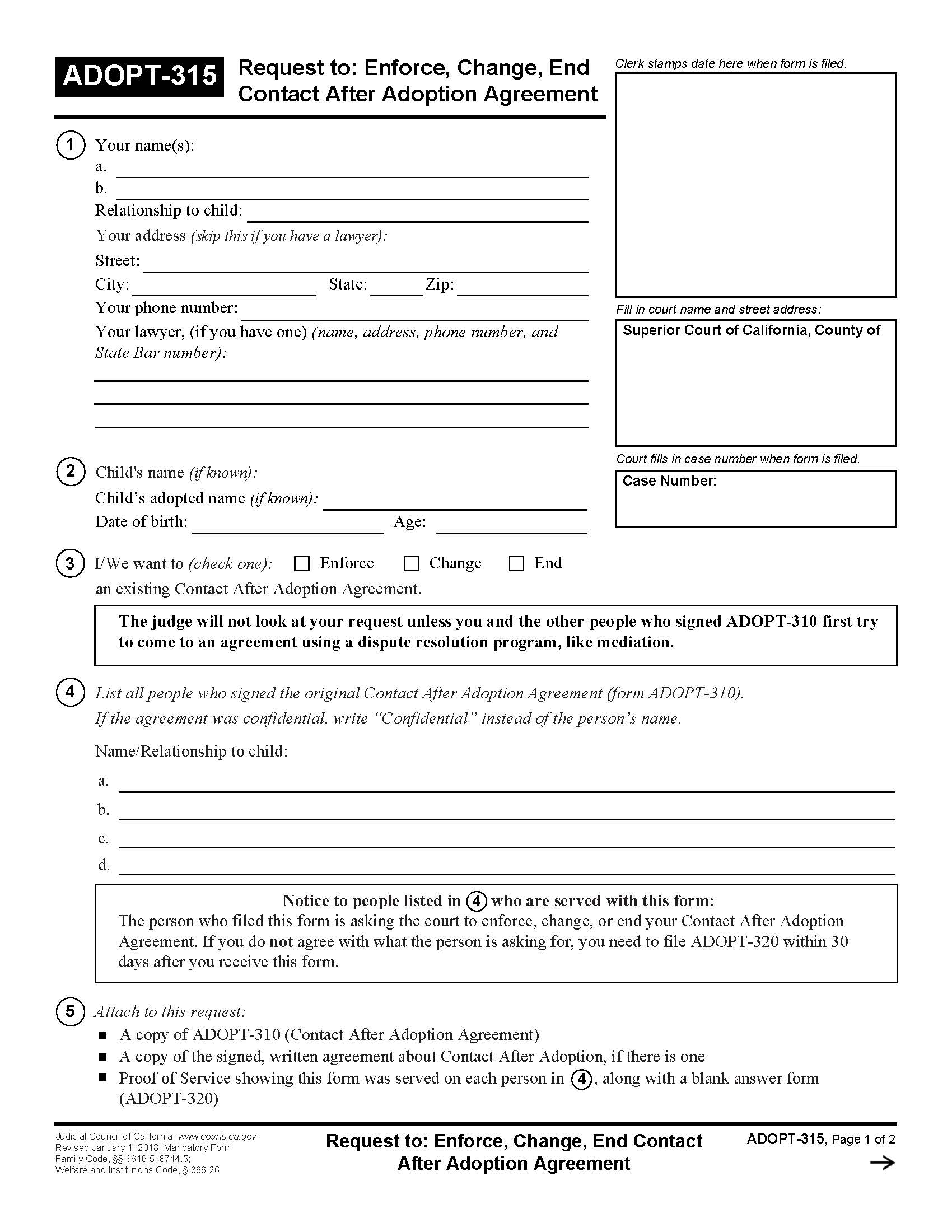 Request To Enforce, Change, End Contract After Adoption Agreement {ADOPT-315} | Pdf Fpdf Doc Docx | California