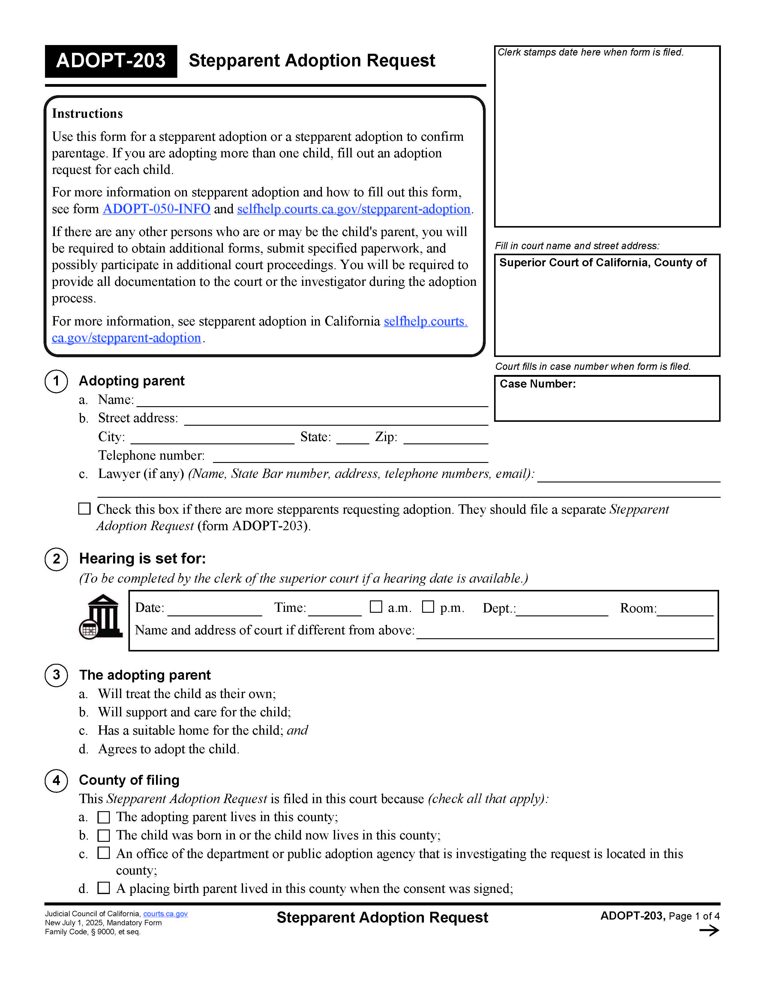 Stepparent Adoption Request {ADOPT-203} | Pdf Fpdf Docx | California