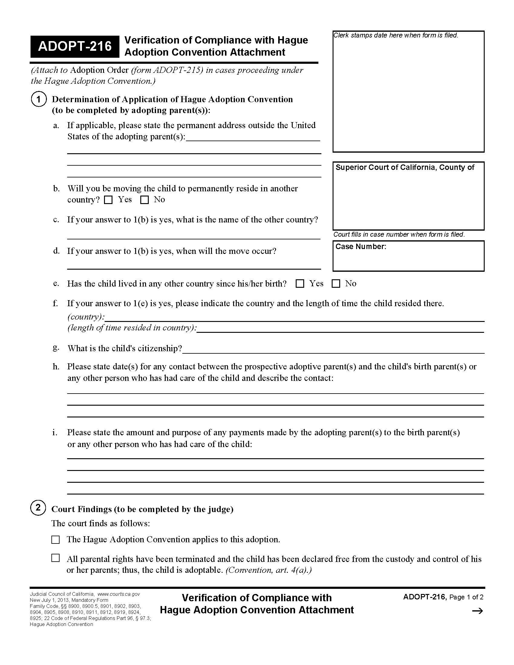 Verification Of Compliance With Hague Adoption Convention Attachment {ADOPT-216} | Pdf Fpdf Doc Docx | California