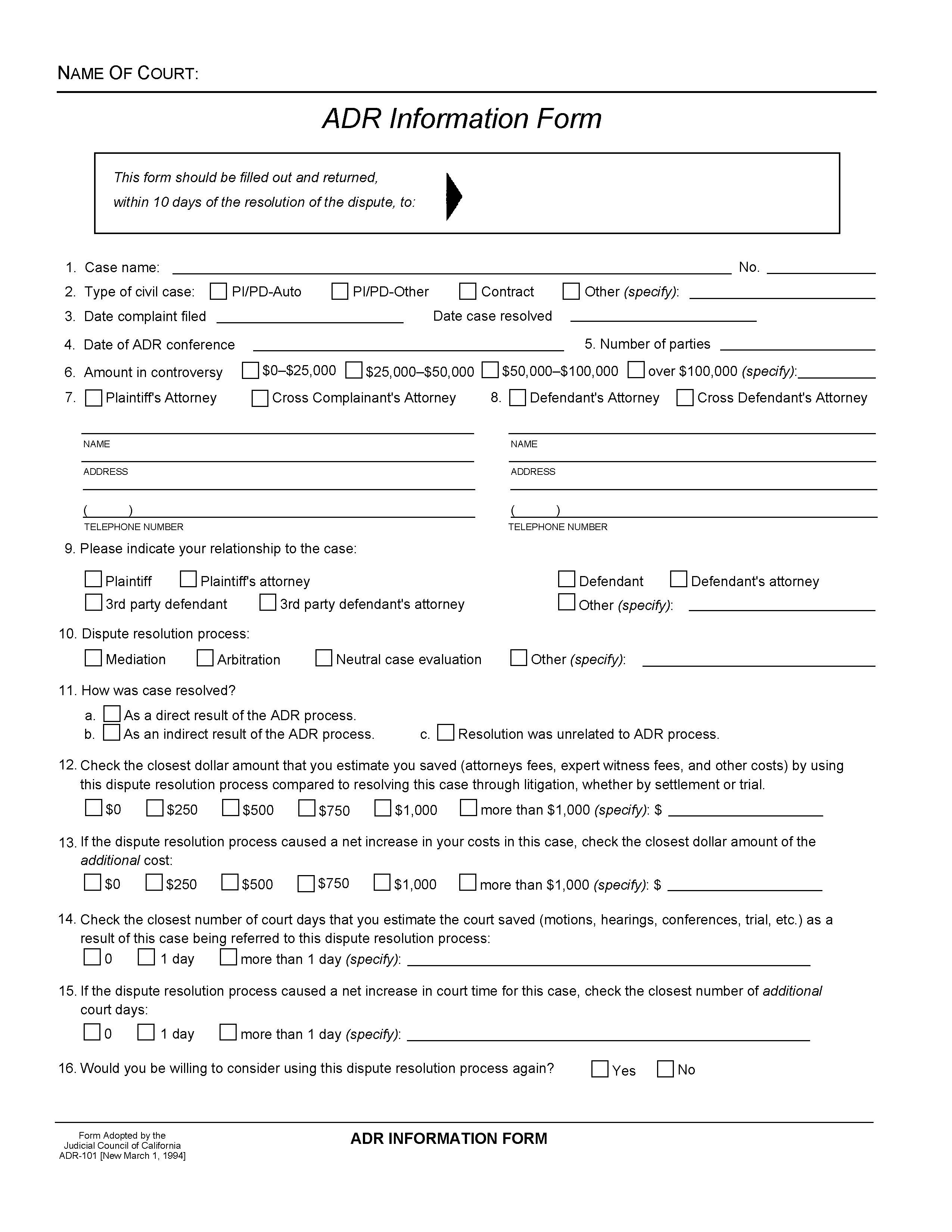 ADR Information Form {ADR-101} | Pdf Fpdf Doc Docx | California