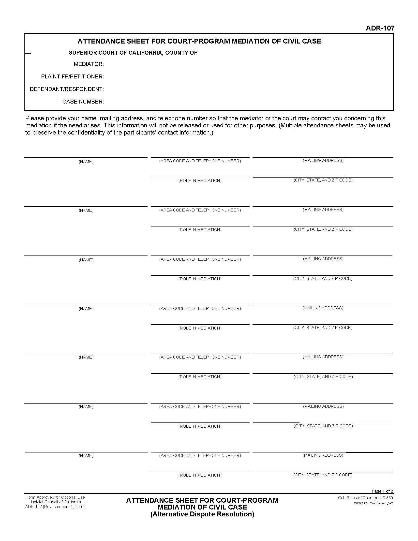 Attendance Sheet For Court-Program Mediation Of Civil Case (Alternative Dispute Resolution) {ADR-107} | Pdf Fpdf Doc Docx | California