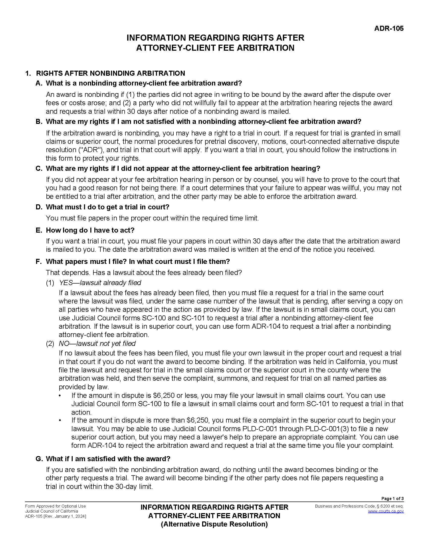 Information Regarding Rights After Attorney-Client Fee Arbitration (Alternative Dispute Resolution) {ADR-105} | Pdf Fpdf Doc Docx | California