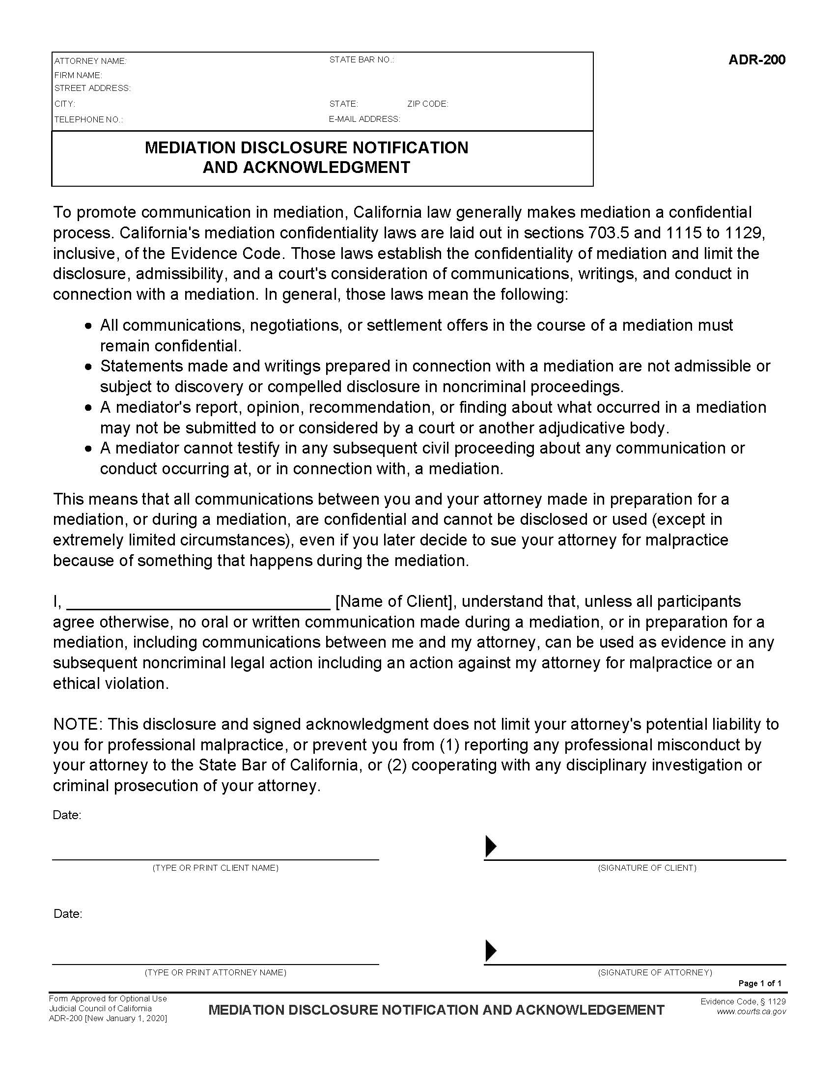 Mediation Disclosure Notification And Acknowledgement {ADR-200} | Pdf Fpdf Docx | California