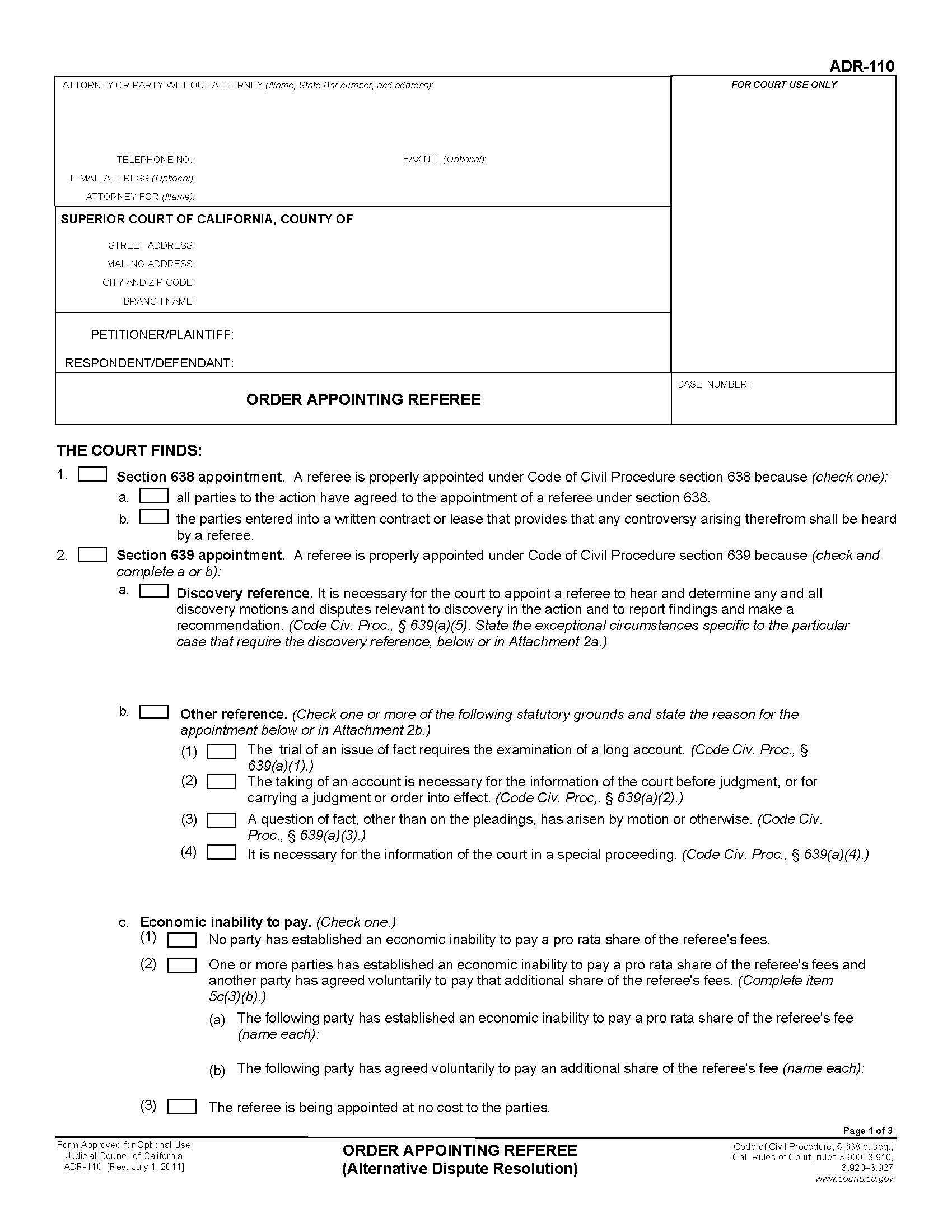 Order Appointing Referee (Alternative Dispute Resolution) {ADR-110} | Pdf Fpdf Doc Docx | California