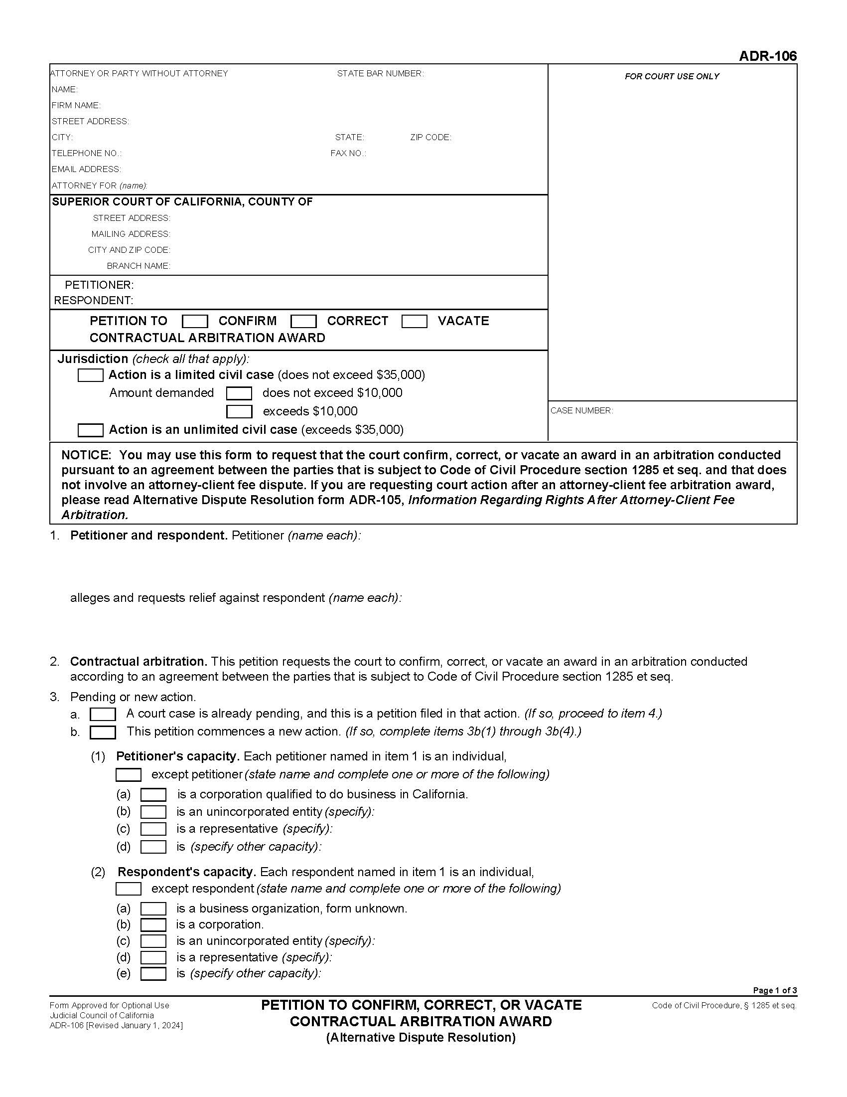 Petition To Confirm Or Vacate Contractual Arbitration Award (Alternative Dispute Resolution) {ADR-106} | Pdf Fpdf Doc Docx | California