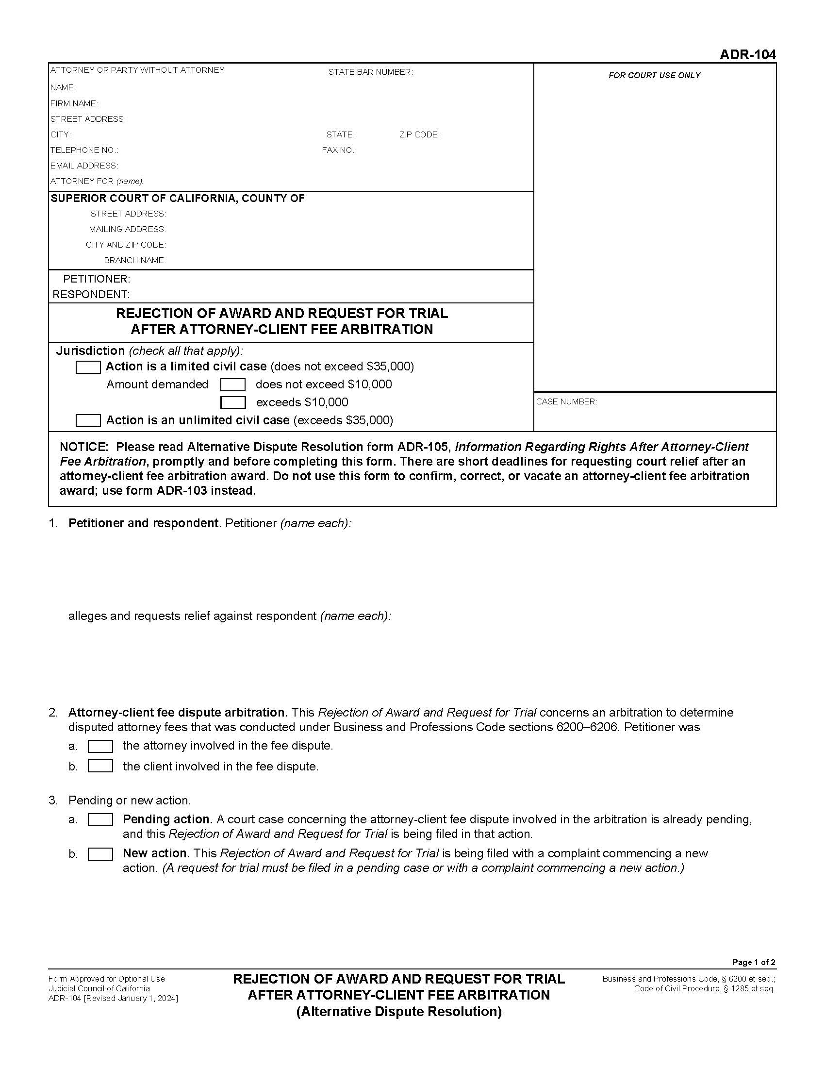 Rejection Of Award And Request For Trial After Attorney-Client Fee Arbitration (Alternative Dispute Resolution) {ADR-104} | Pdf Fpdf Doc Docx | California