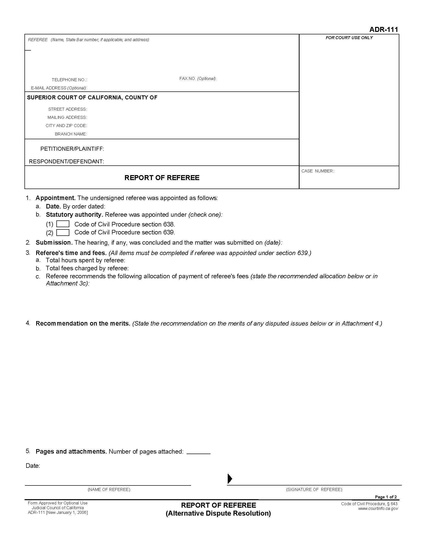 Report Of Referee (Alternative Dispute Resolution) {ADR-111} | Pdf Fpdf Doc Docx | California