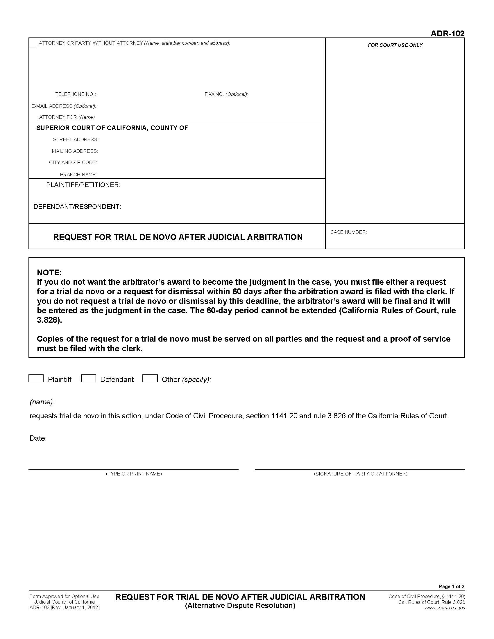 Request For Trial De Novo After Judicial Arbitration {ADR-102} | Pdf Fpdf Doc Docx | California