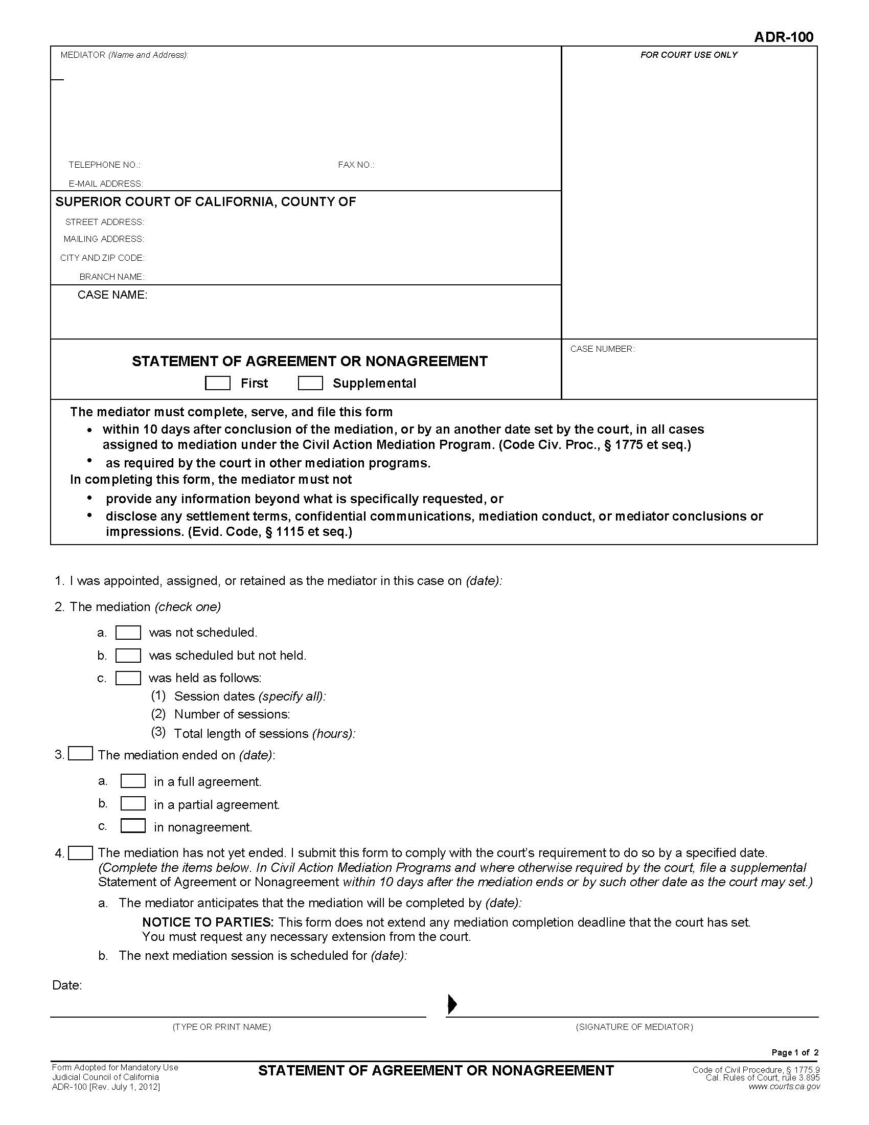 Statement Of Agreement Or Nonagreement {ADR-100} | Pdf Fpdf Doc Docx | California