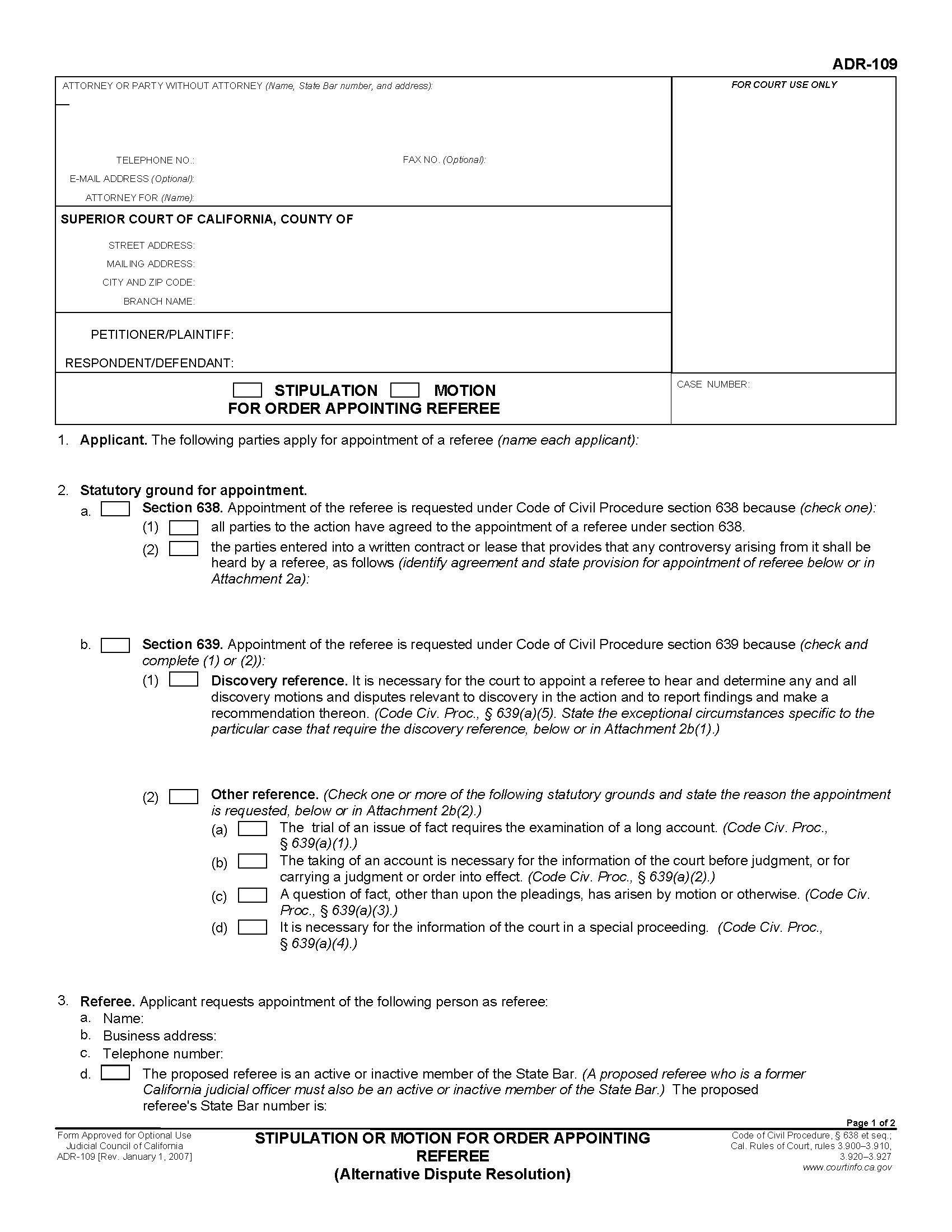 Stipulation Or Motion For Order Appointing Referee (Alternative Dispute Resolution) {ADR-109} | Pdf Fpdf Doc Docx | California