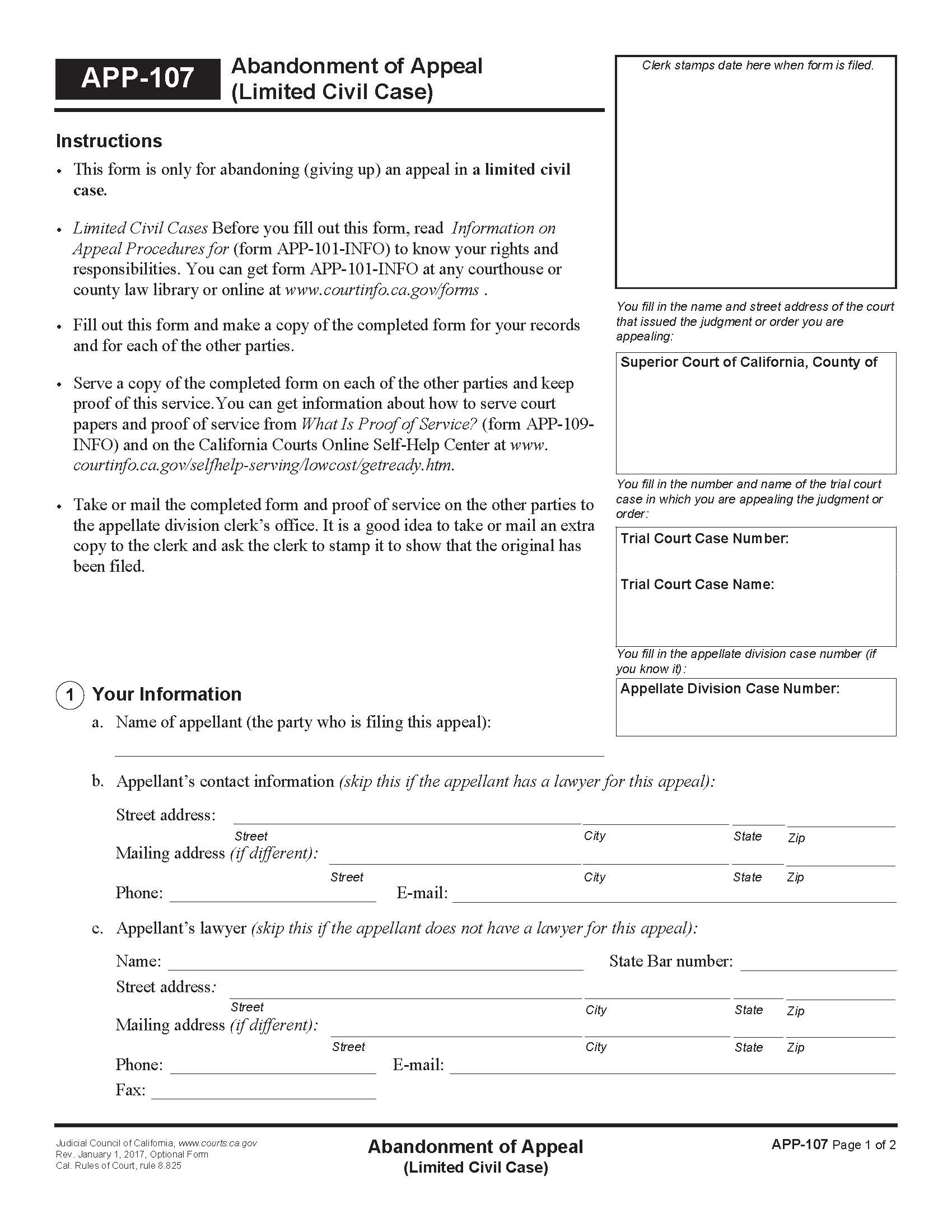 Abandonment Of Appeal (Limited Civil Case) {APP-107} | Pdf Fpdf Doc Docx | California
