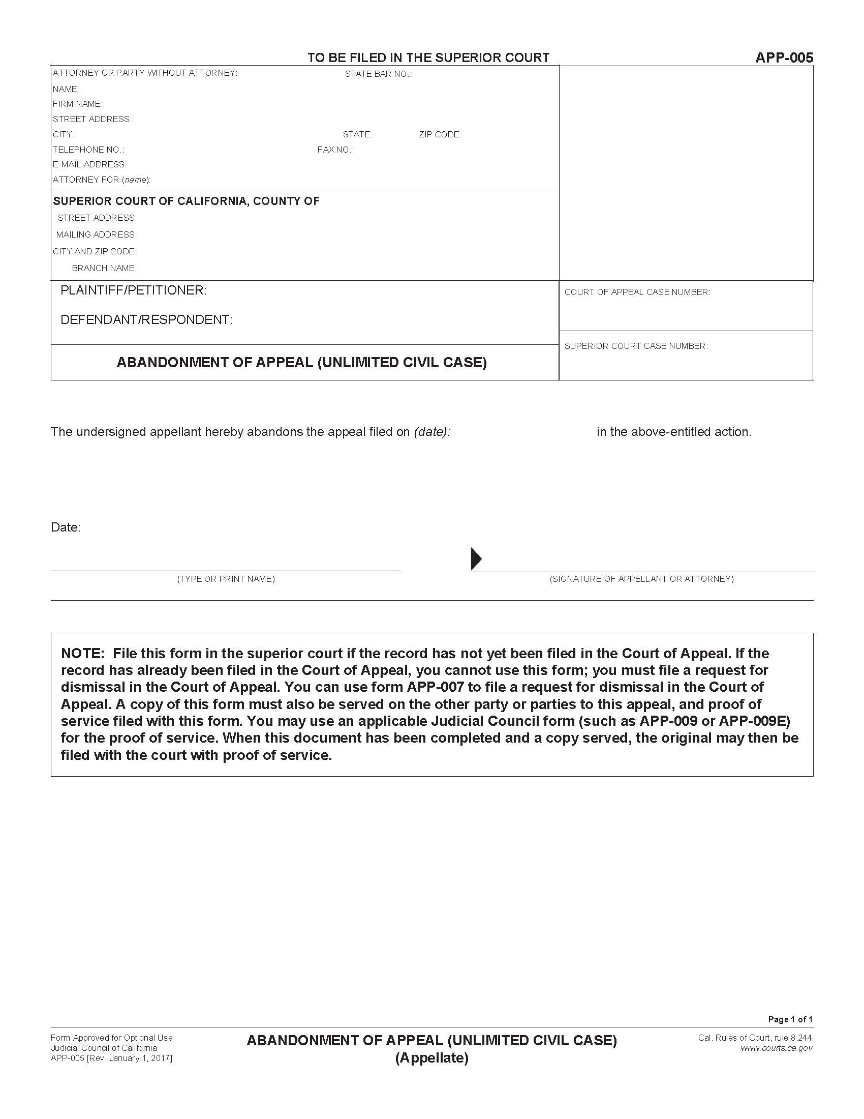Abandonment Of Appeal (Unlimited Civil Case) {APP-005} | Pdf Fpdf Docx | California