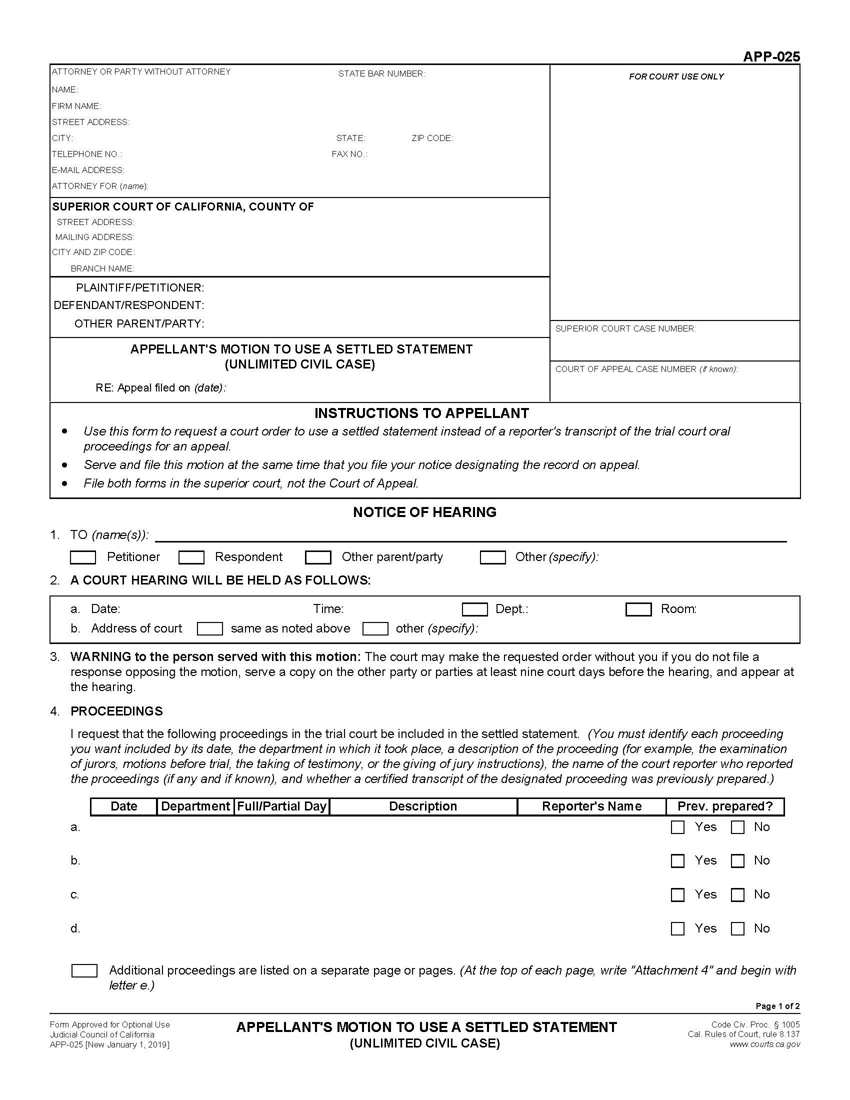 Appellant Motion To Use A Settled Statement (Unlimited Civil Case) {APP-025} | Pdf Fpdf Docx | California