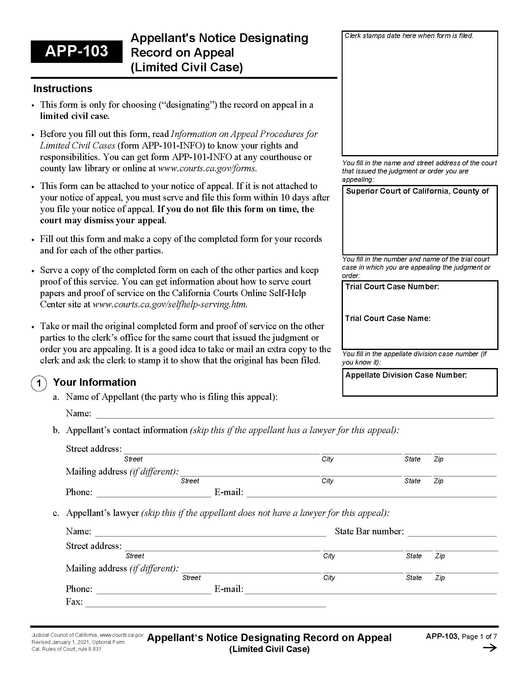Appellants Notice Designating Record On Appeal (Limited Civil Case) {APP-103} | Pdf Fpdf Docx | California