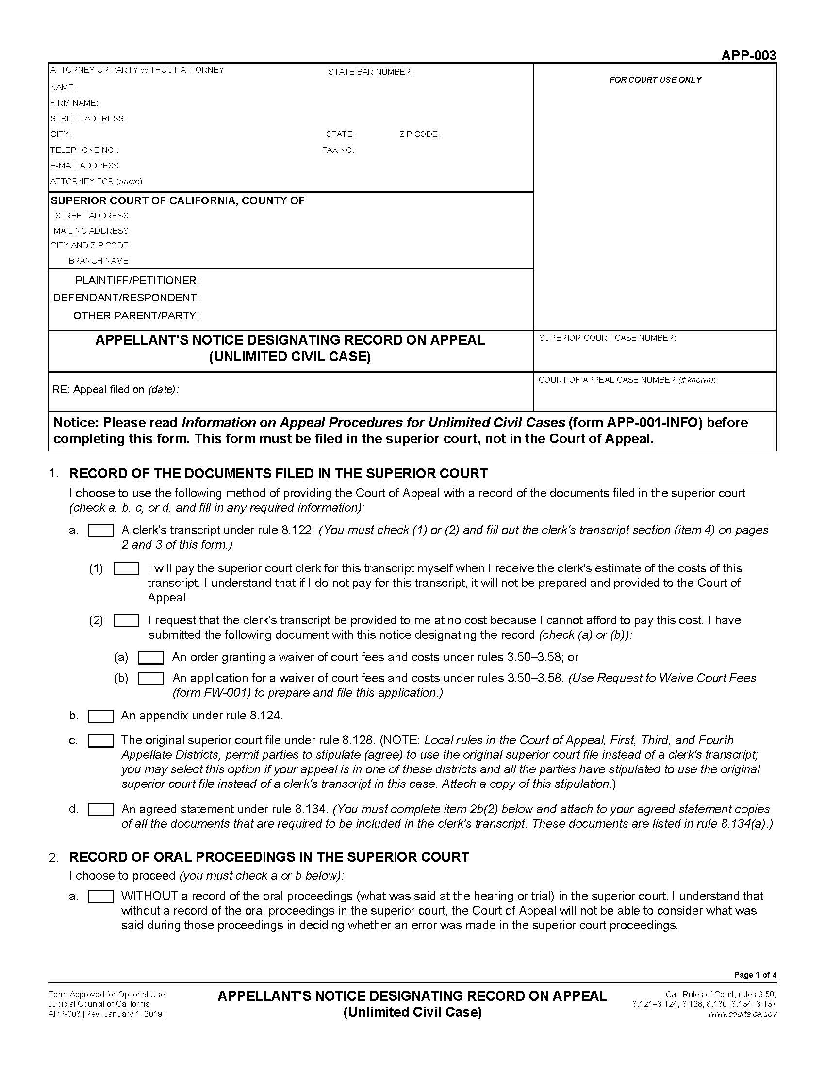 Appellants Notice Designating Record On Appeal (Unlimited Civil Case) {APP-003} | Pdf Fpdf Docx | California