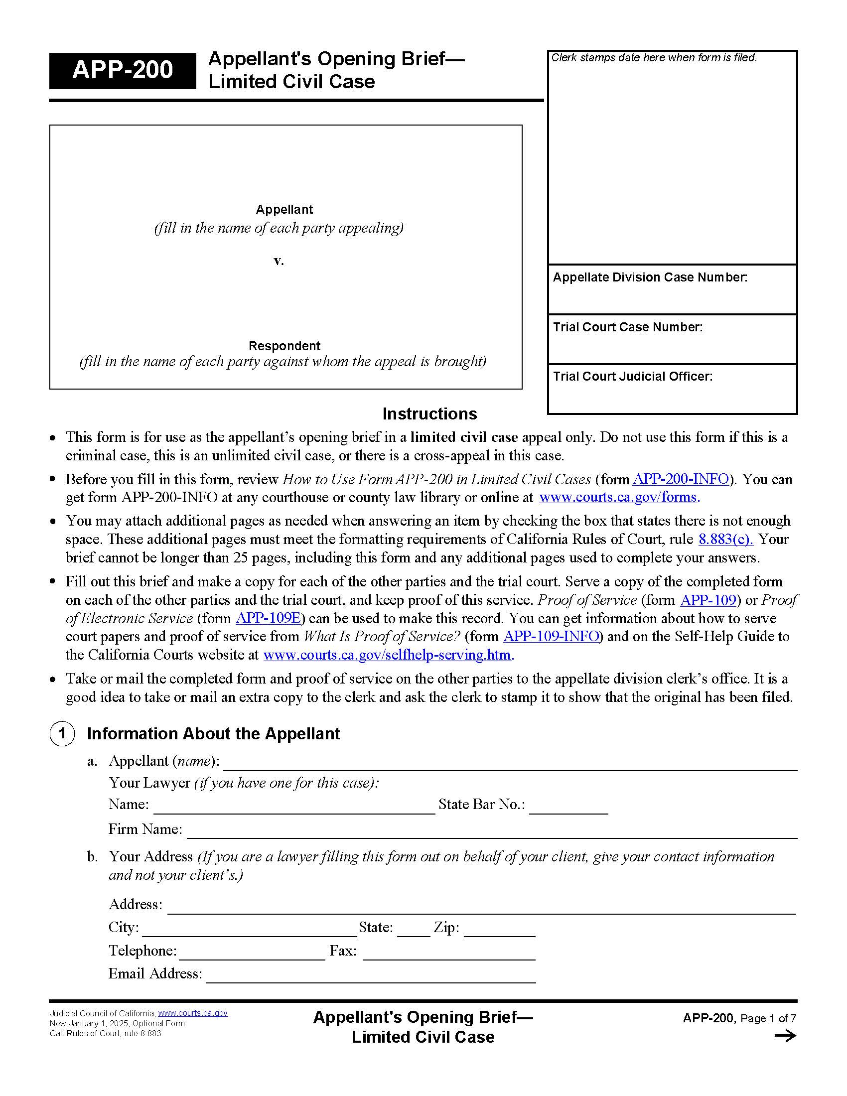 Appellants Opening Brief-Limited Civil Case {APP-200} | Pdf Fpdf Docx | California